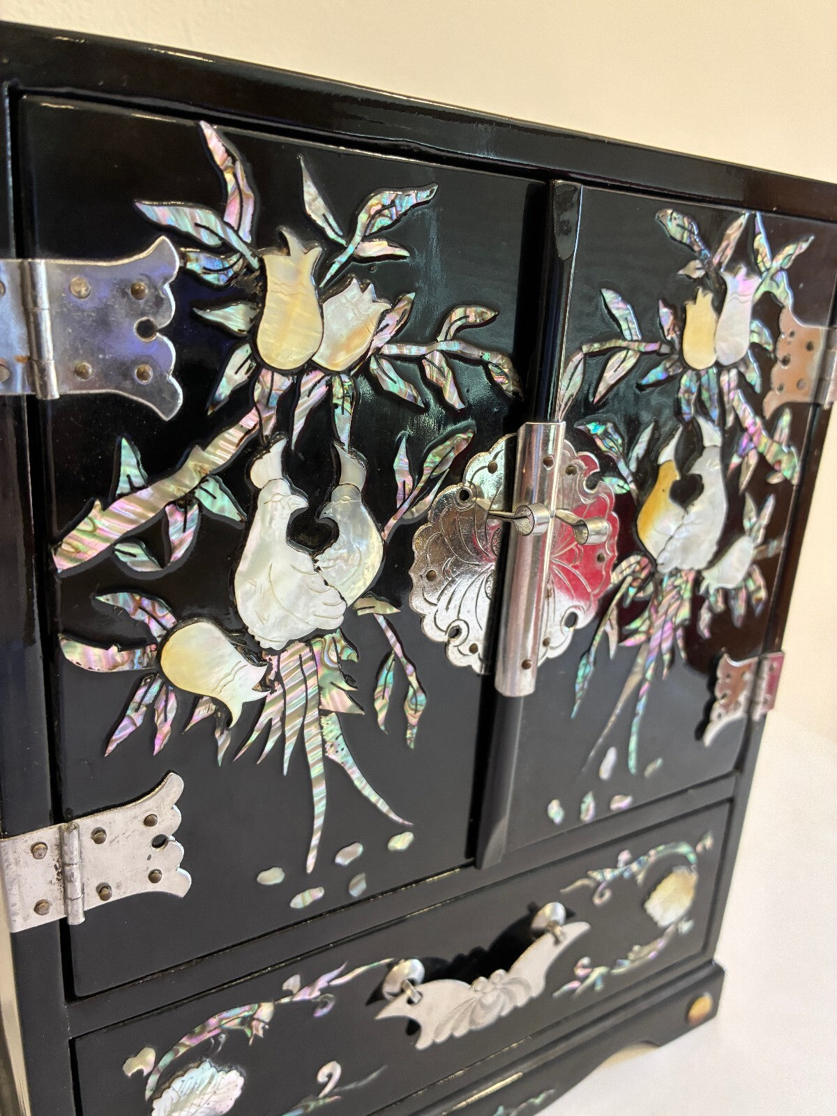 Vintage Black Lacquer Mother of Pearl Jewelry Cabinet | Asian Bird Floral Inlay