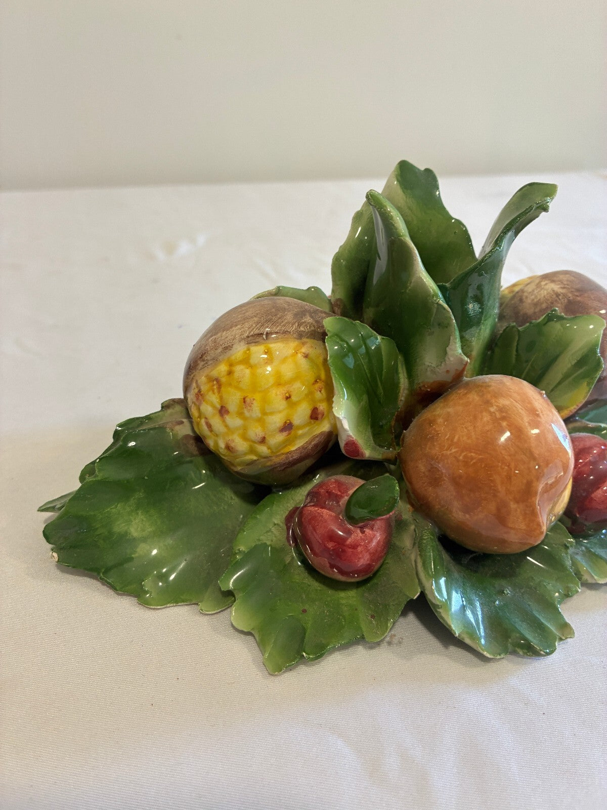 Vintage Capodimonte Italian Porcelain Fruit Taper Candle Holder | Hand Painted Fruit & Leaves | Made in Italy Centerpiece
