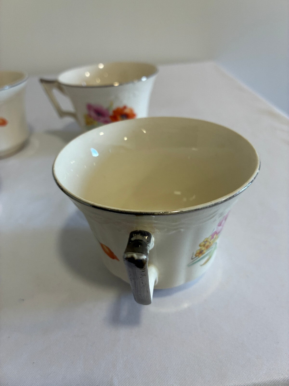 Vintage Ivory China Teacups with Platinum Trim, Set of 6 | Poppy Floral Pattern
