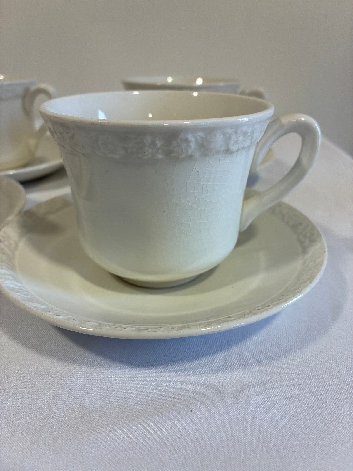 Vintage Wedgwood & Co Teacups and Saucers Set of 6, Embossed Floral Rim, England