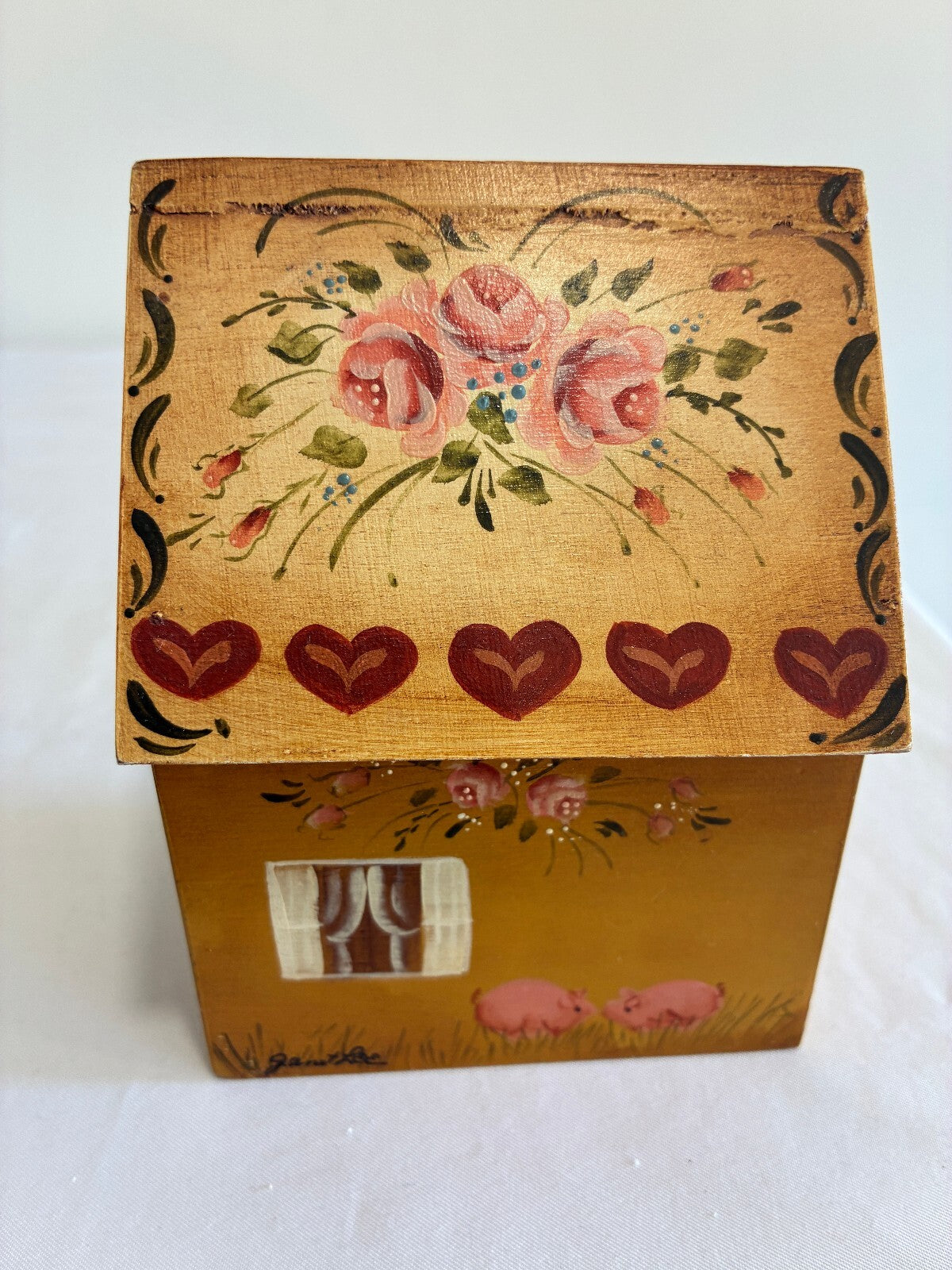 Vintage Hand Painted Wooden House Box with Drawer | Folk Art by Janet Lee