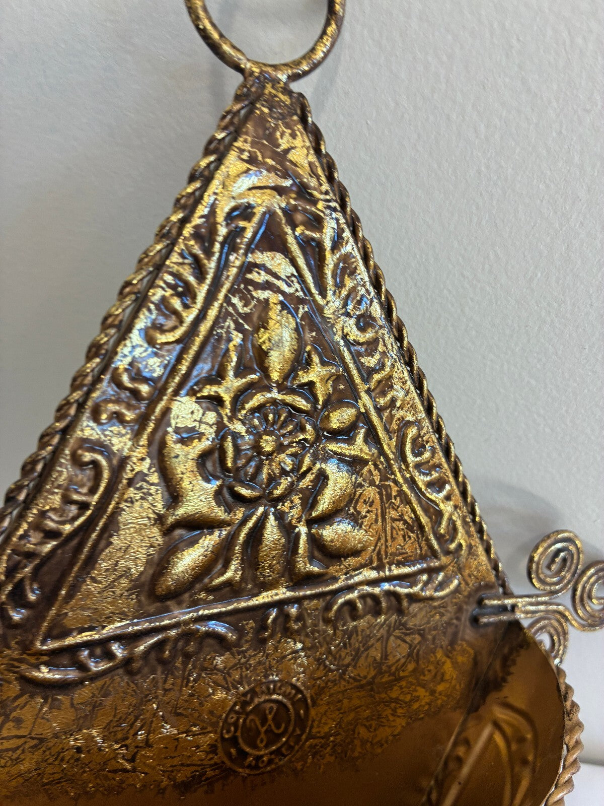 Vintage Hosley Gold Wall Pocket, Embossed Floral Hanging Vase