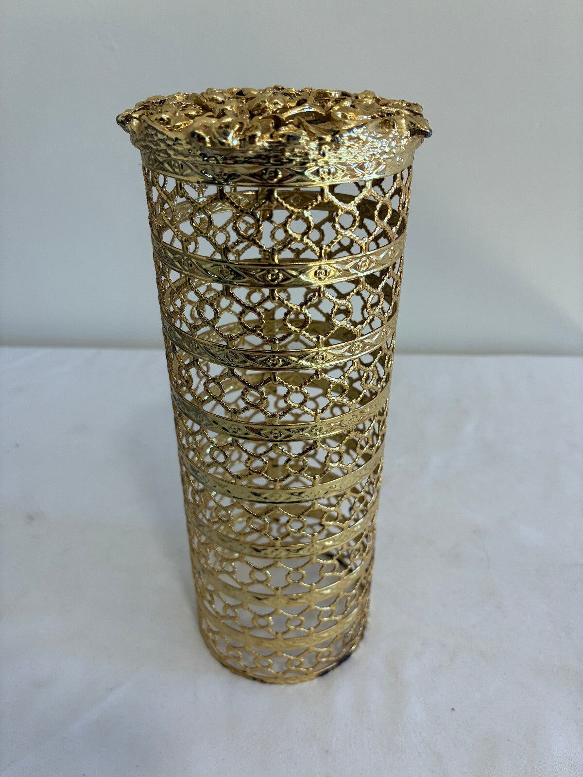 Vintage Gold Filigree Bottle Cover by Karew, Hollywood Regency Rose Filigree