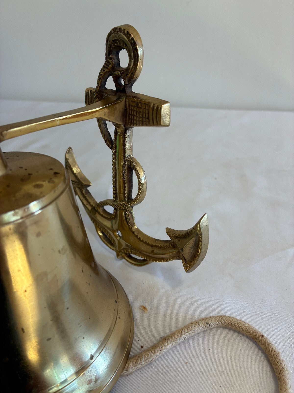 Vintage Solid Brass Anchor Bell with Rope Pull, Nautical Wall Mount Ship Bell