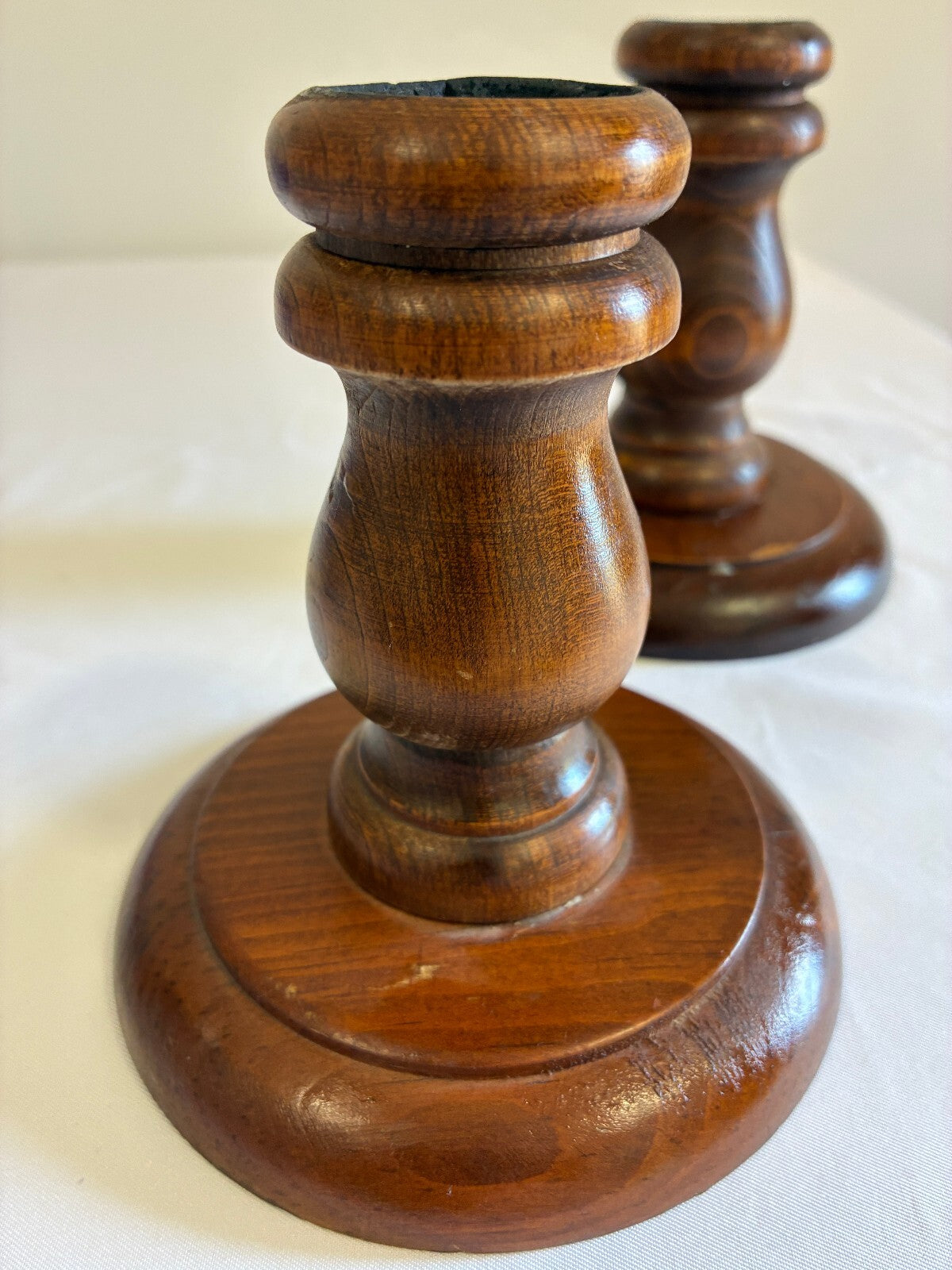 Vintage Turned Wood Candlestick Holders Pair | Round Base Wooden Candleholders
