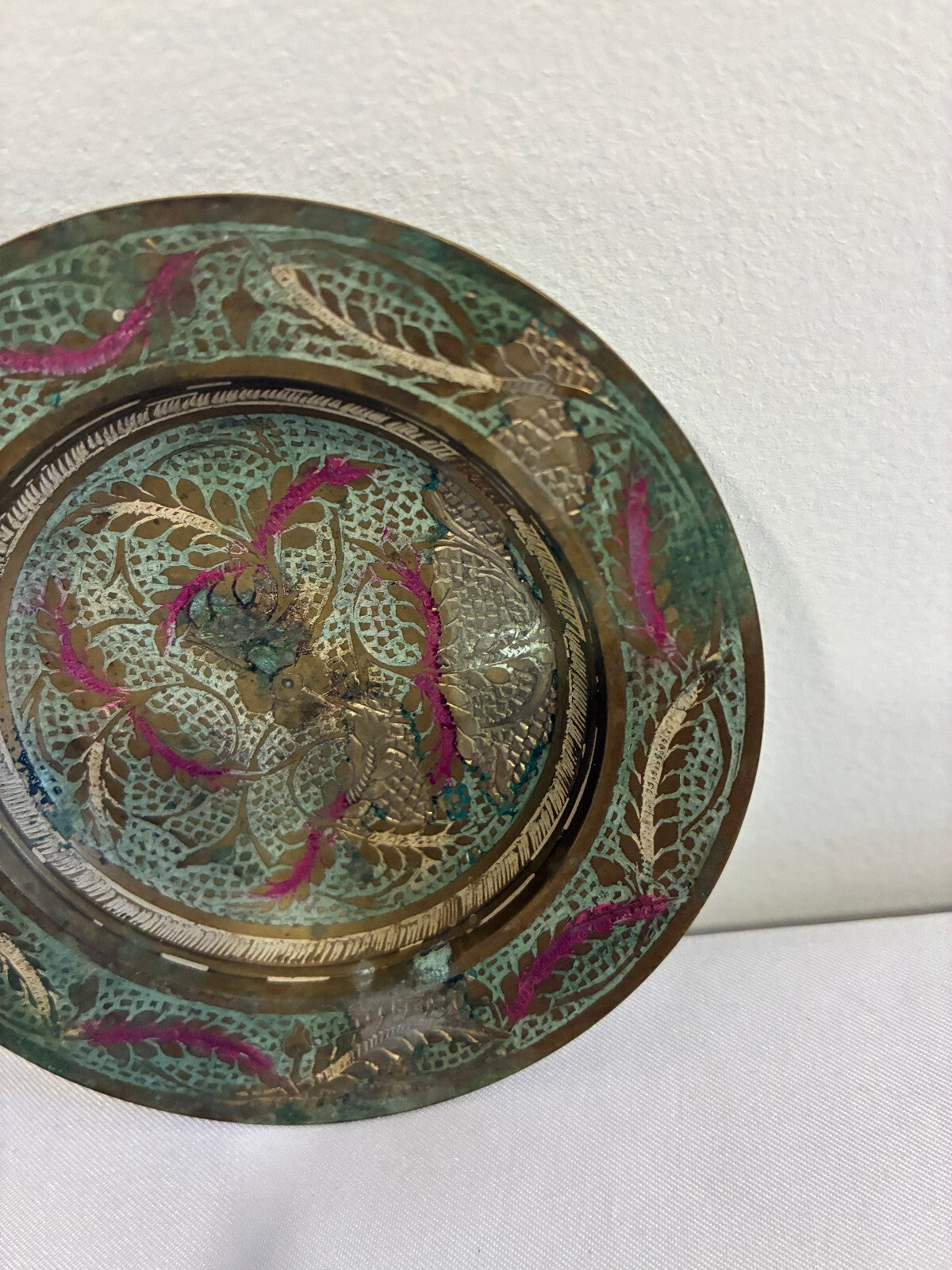 Vintage Indian Brass Dish, Etched Floral Enamel Trinket Dish, Boho Catchall
