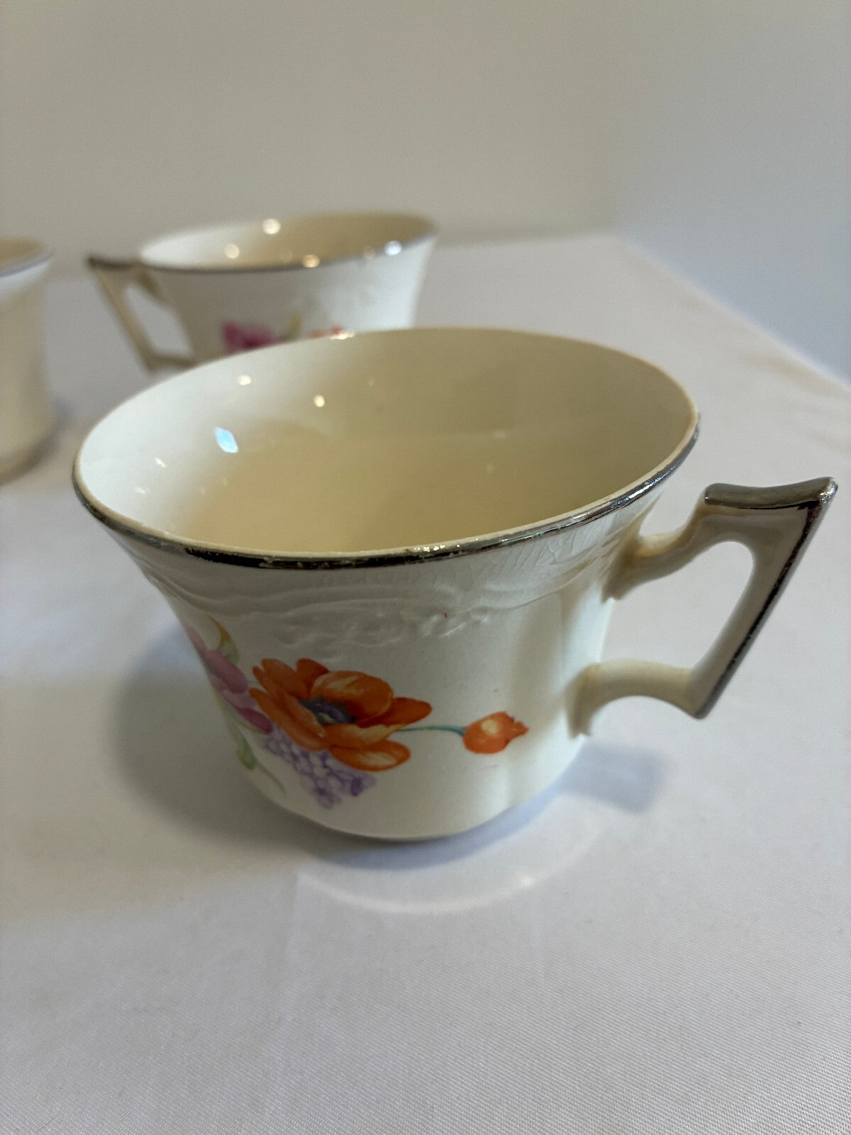 Vintage Ivory China Teacups with Platinum Trim, Set of 6 | Poppy Floral Pattern