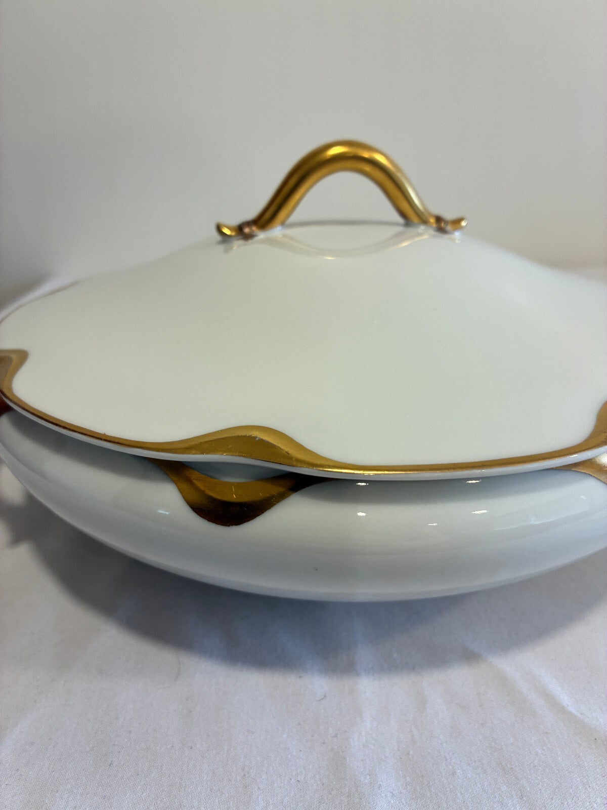 Antique Haviland Limoges Covered Tureen, White & Gold Handled Serving Dish