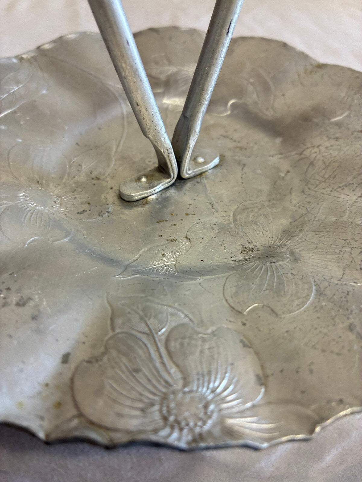 Vintage Hand Wrought Aluminum Handled Tray | Floral Hammered Serving Dish