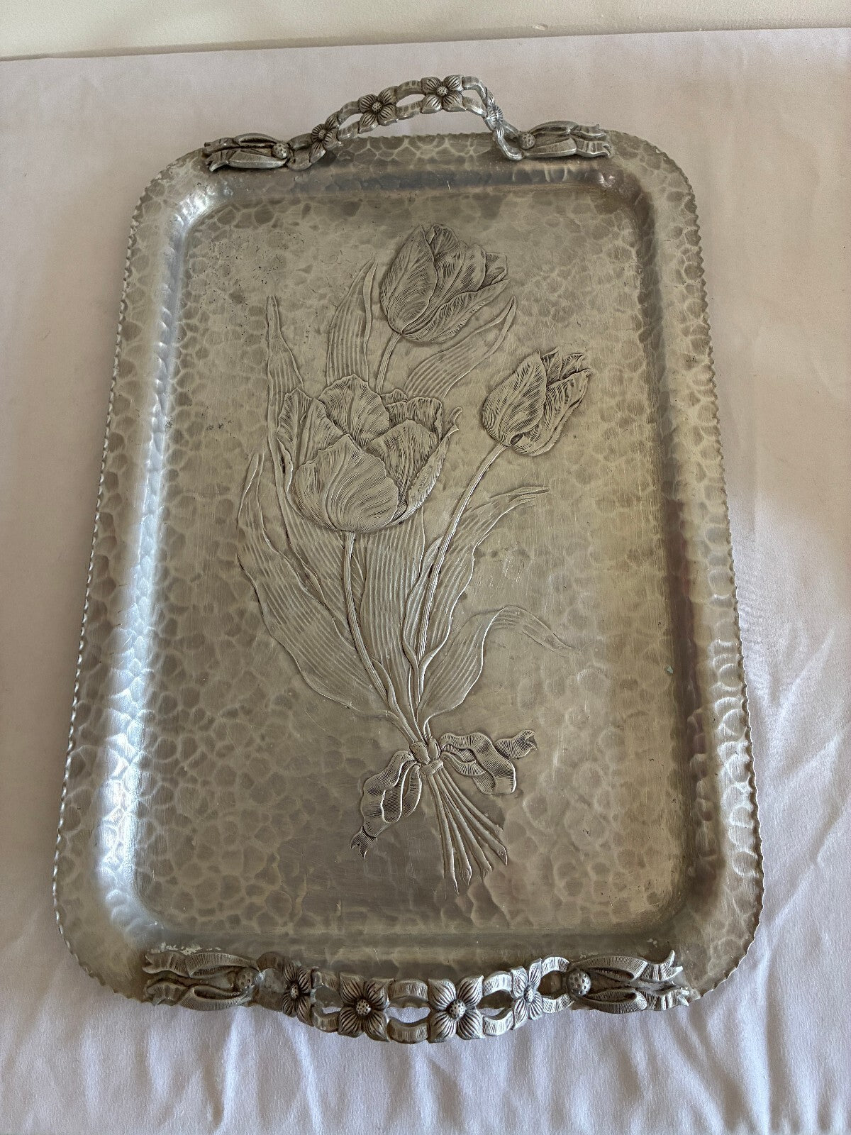 Vintage Rodney Kent Hand Wrought Hammered Aluminum Tray | Tulip Design Serving Tray | Vintage Finds Mid Century Barware