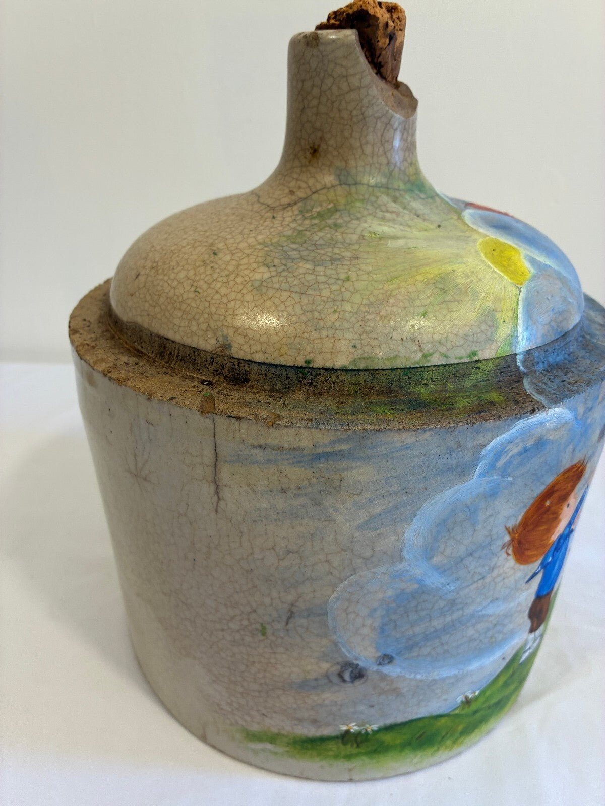 Vintage Hand Painted Ceramic Jug Decanter | Folk Art Children Flying Kites