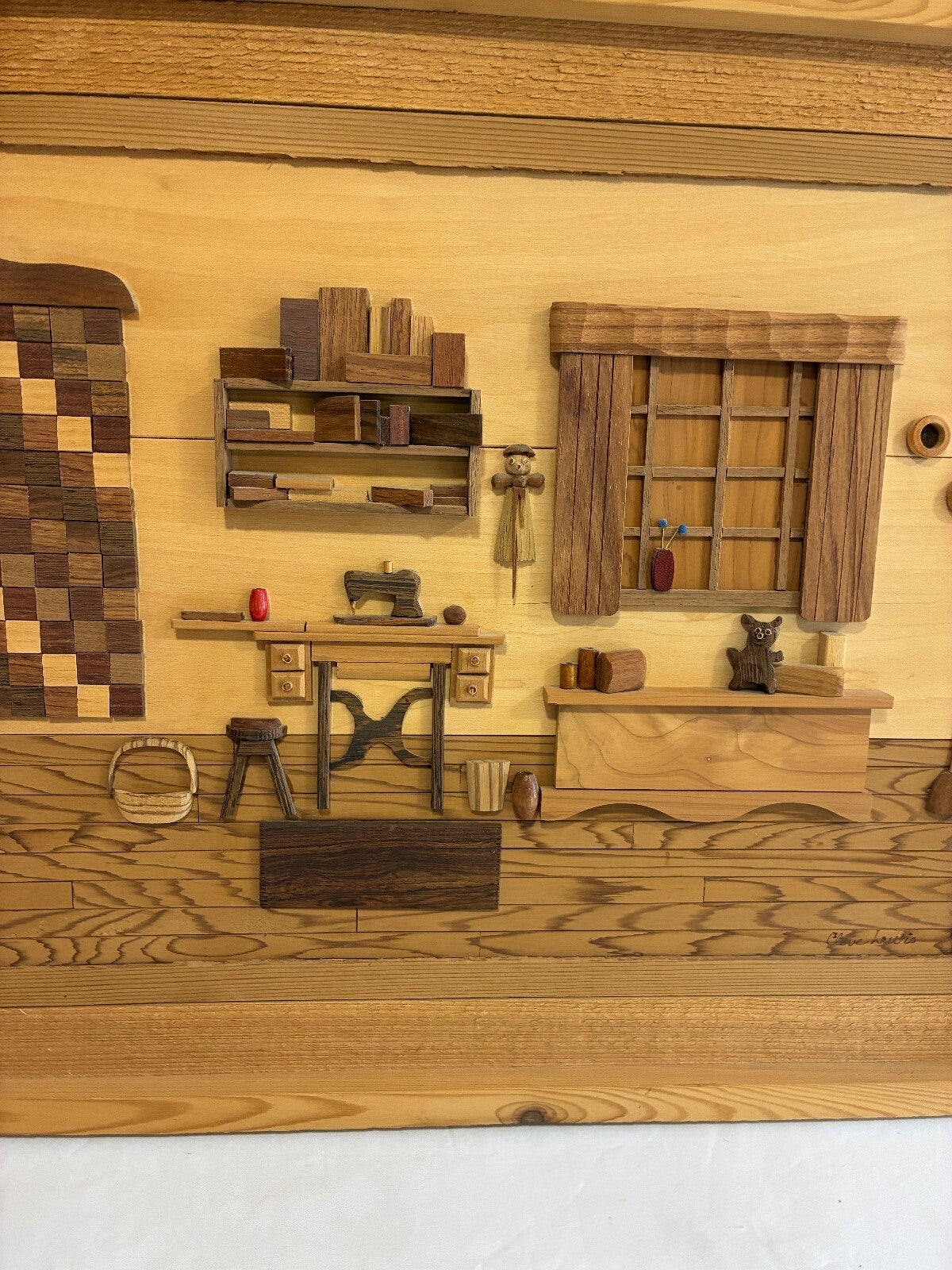 Signed Cleve Lewis Wood Marquetry Diorama "Grandma's Passion" 1994 | Handmade Folk Art