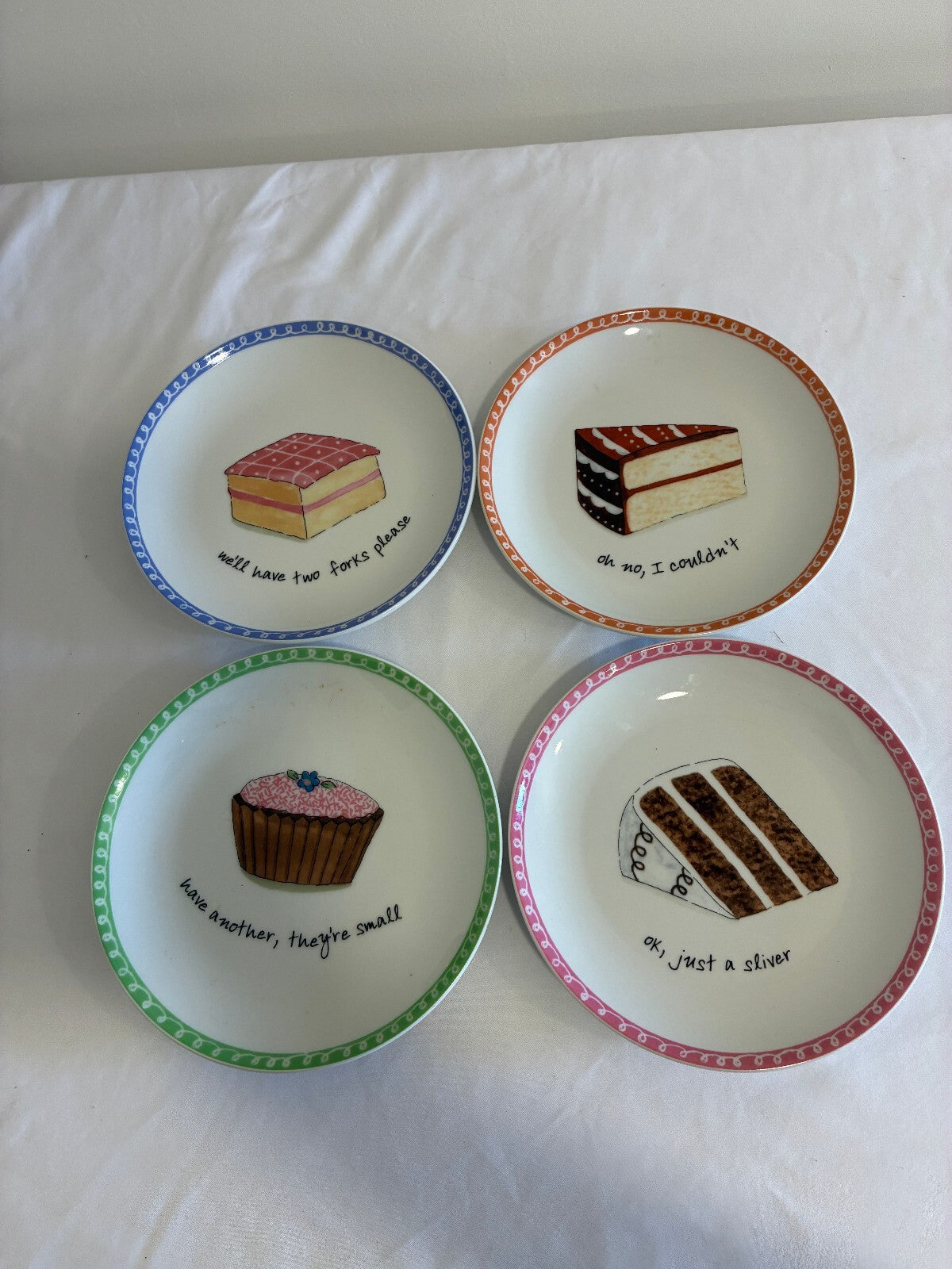 Cute Set of 4 Nancy Green Cake Plates with Funny Dessert Plate Quotes