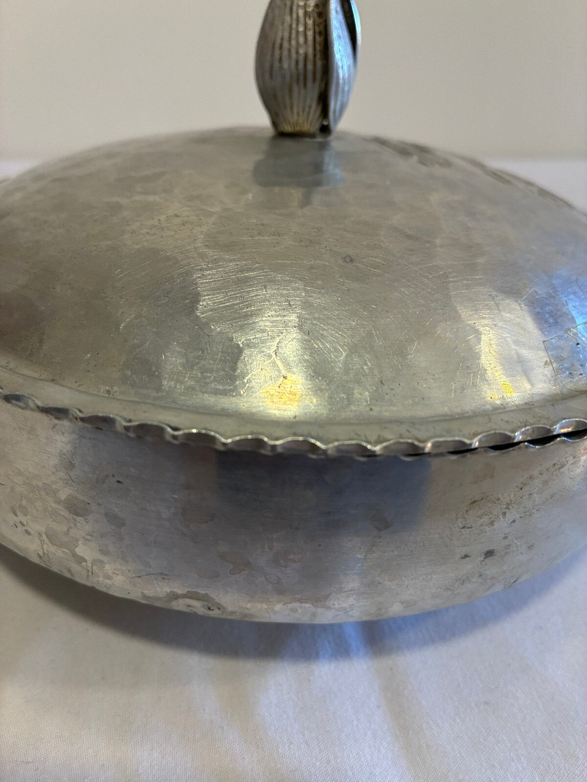 Vintage Hammered Aluminum Lidded Serving Dish | Tulip Flower Finial Casserole