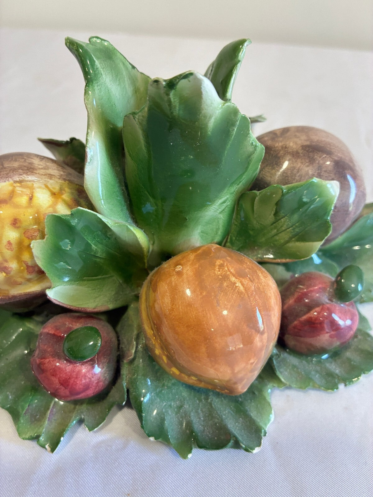 Vintage Capodimonte Italian Porcelain Fruit Taper Candle Holder | Hand Painted Fruit & Leaves | Made in Italy Centerpiece