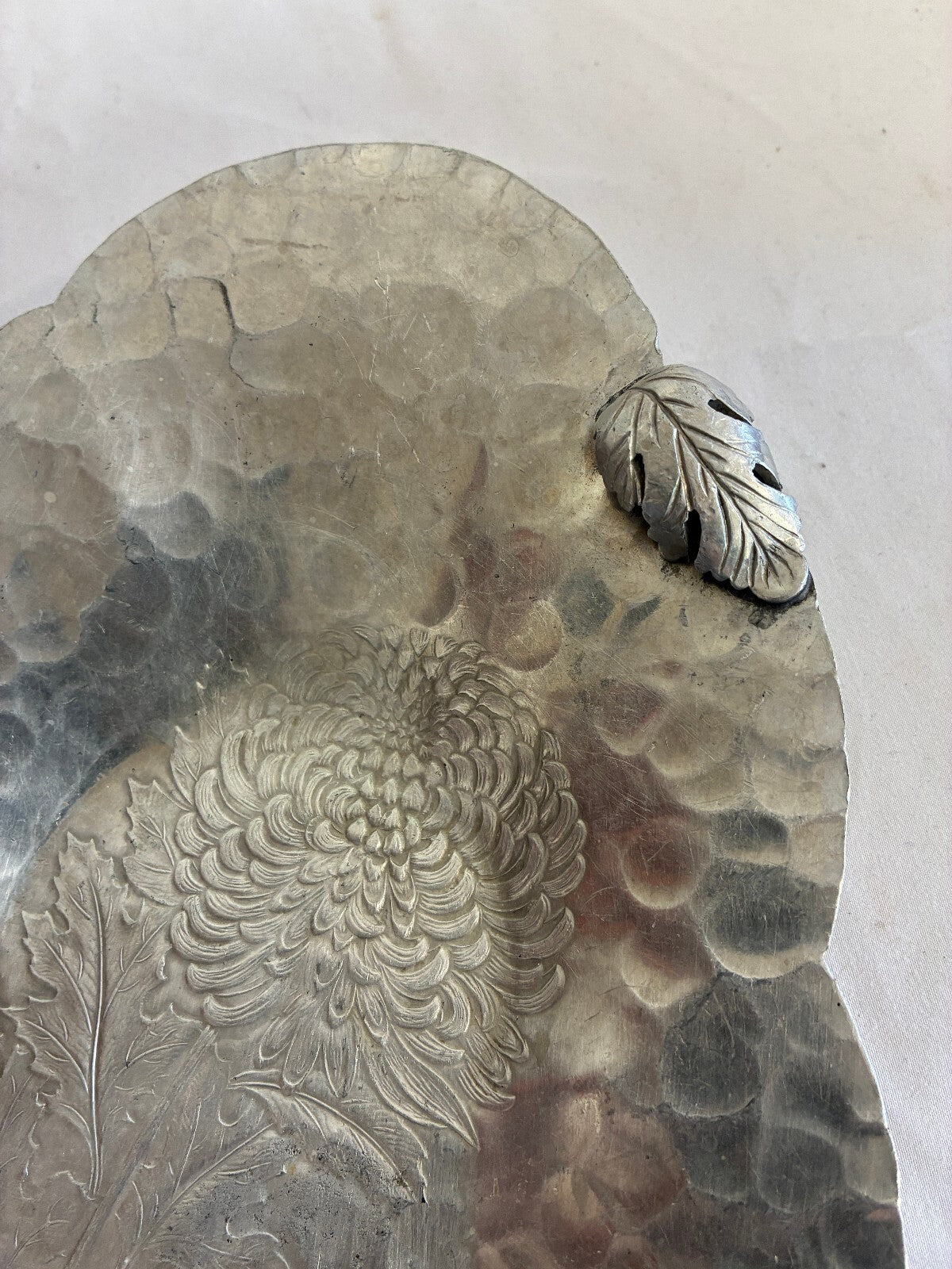 Vintage Continental Hand Wrought Aluminum Tray | Chrysanthemum Leaf Serving Dish