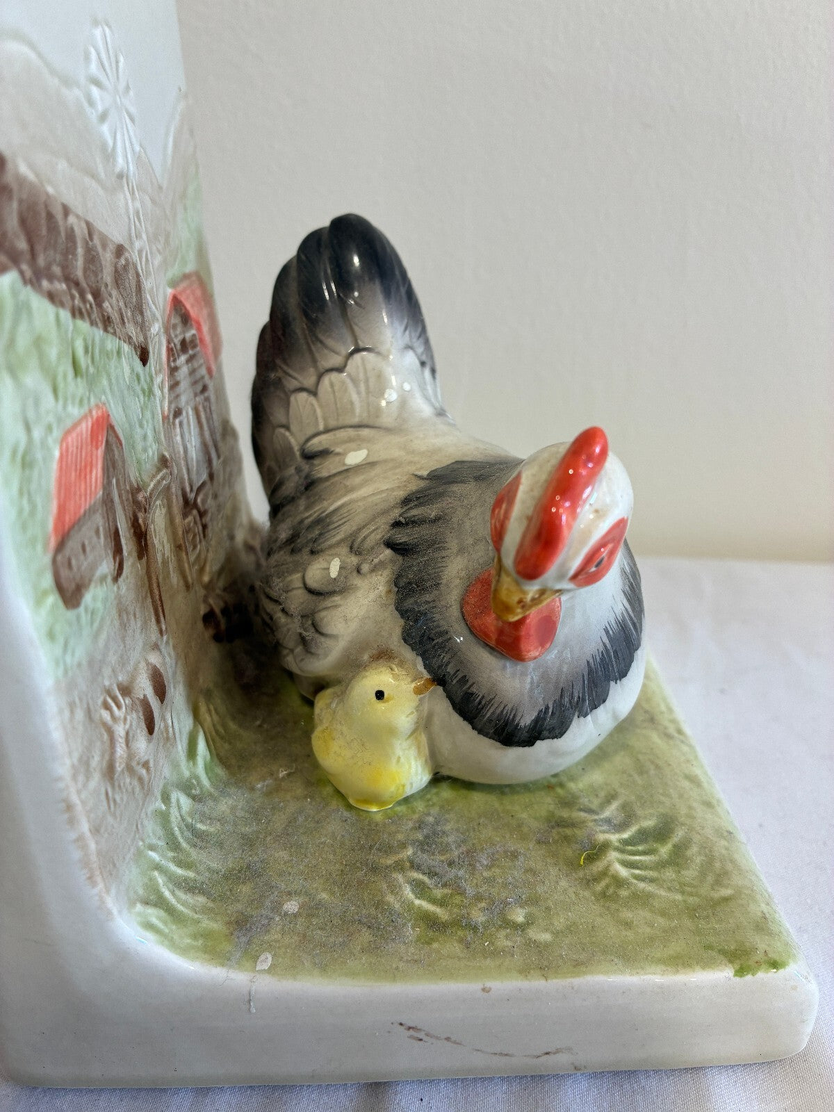 Vintage Otagiri Ceramic Hen Bookend | Hand-Painted Farmhouse Scene Chicken