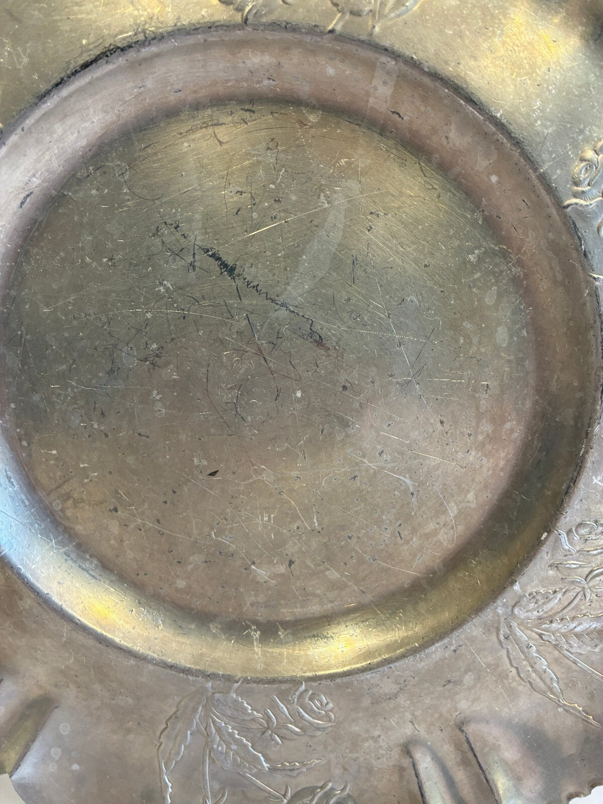 Vintage Hammered Aluminum Tray | Hand Chased Rose Design Ruffled Rim