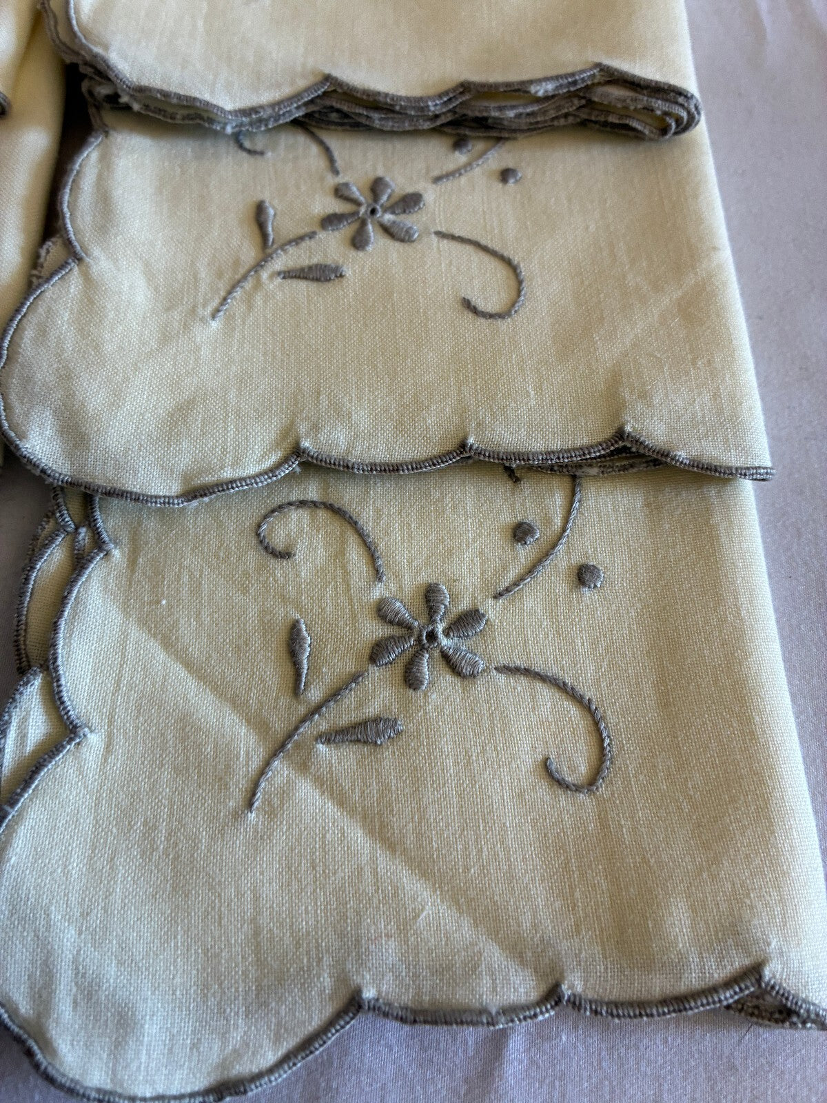 Vintage Ivory Cotton Napkins Set of 8 | Gray Embroidered Floral Scalloped Edge