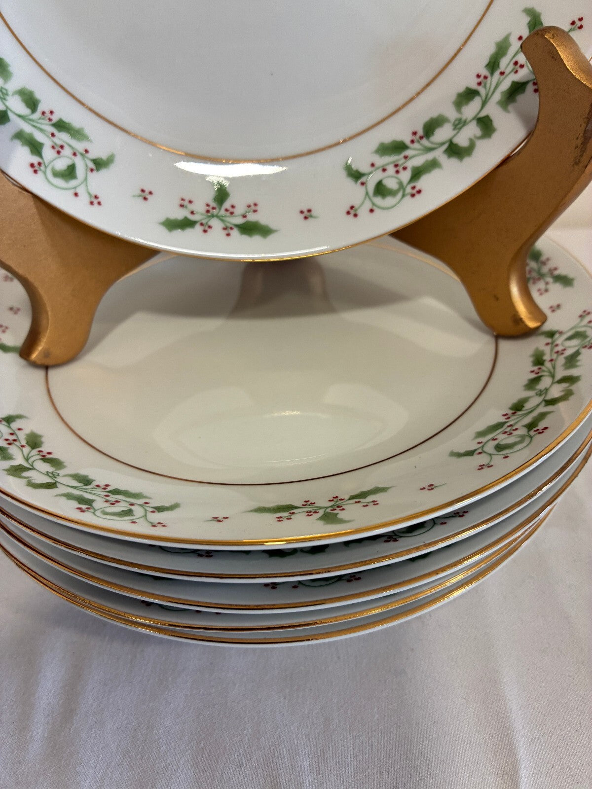 Vintage Holly Berry Christmas Dessert Plates With Gold Trim, Set of 6