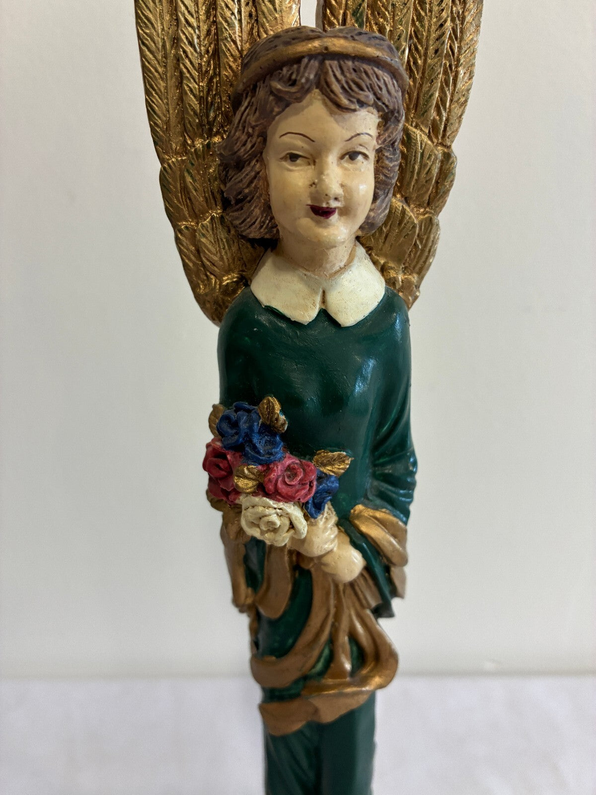 Vintage Carved Angel Figurine with Gold Wings, Painted Statue with Flowers