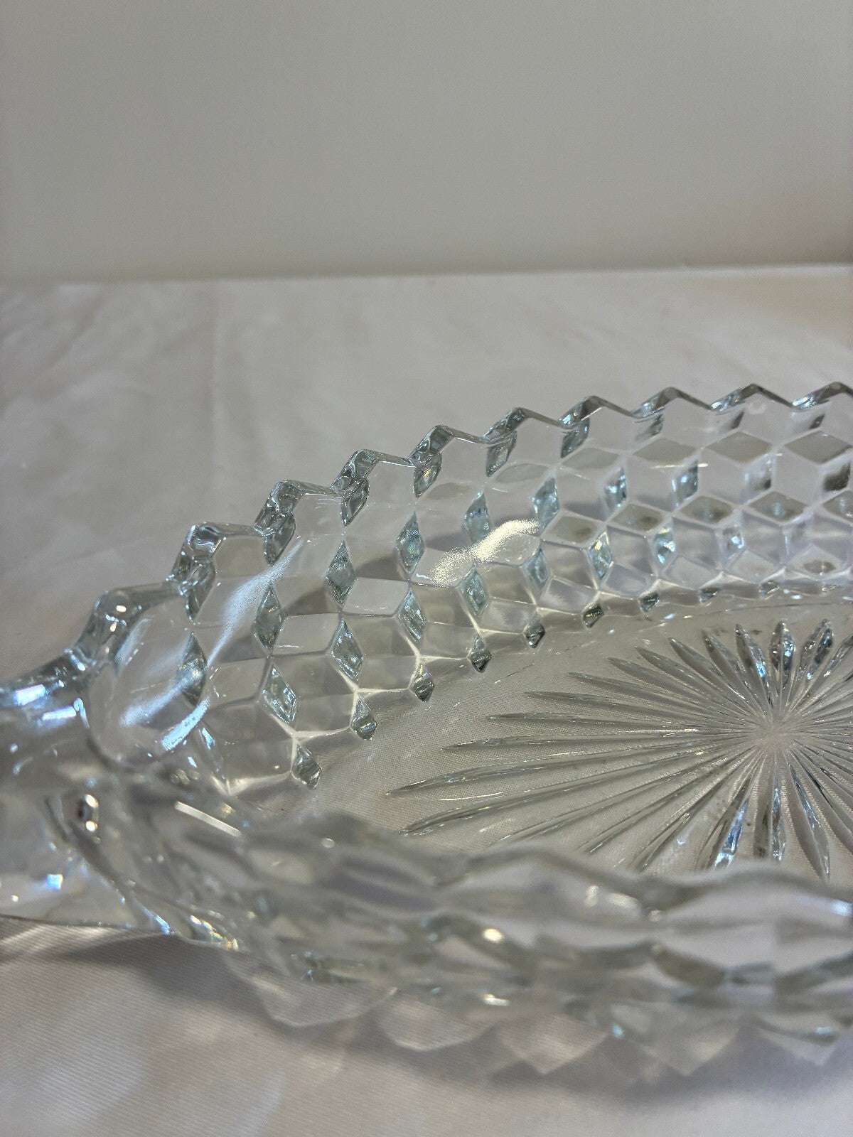 Vintage Fostoria American Crystal Boat Dish | Oval Diamond Cut Glass Relish Tray | Scroll Handle Bowl | Vintage Finds