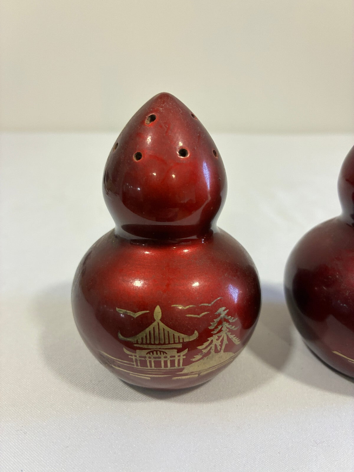 Vintage Red Lustreware Salt and Pepper Shakers | Gourd Shape Pagoda Design