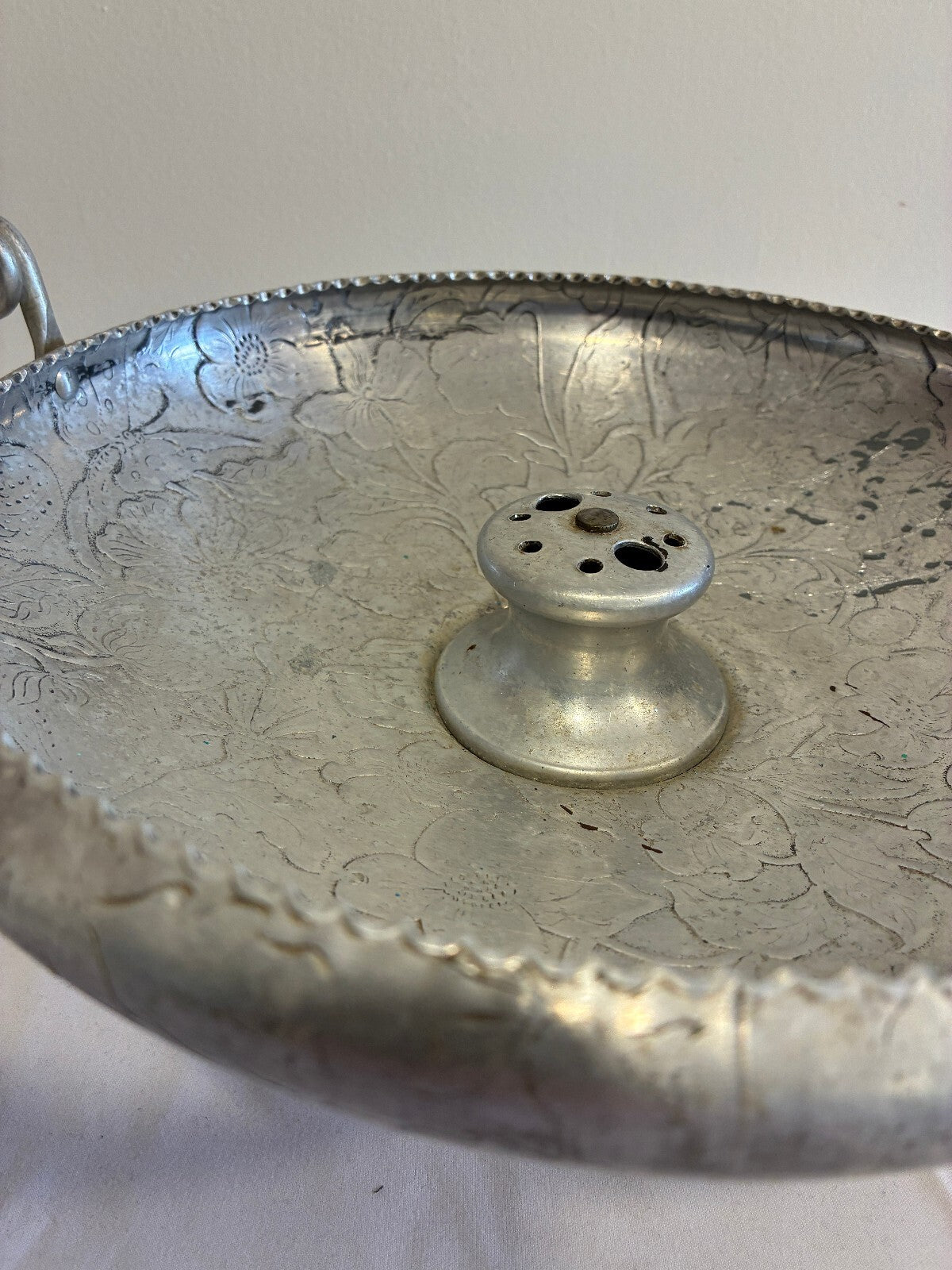 Vintage Hammered Aluminum Nutcracker Bowl,Etched Floral Handled Centerpiece Bowl