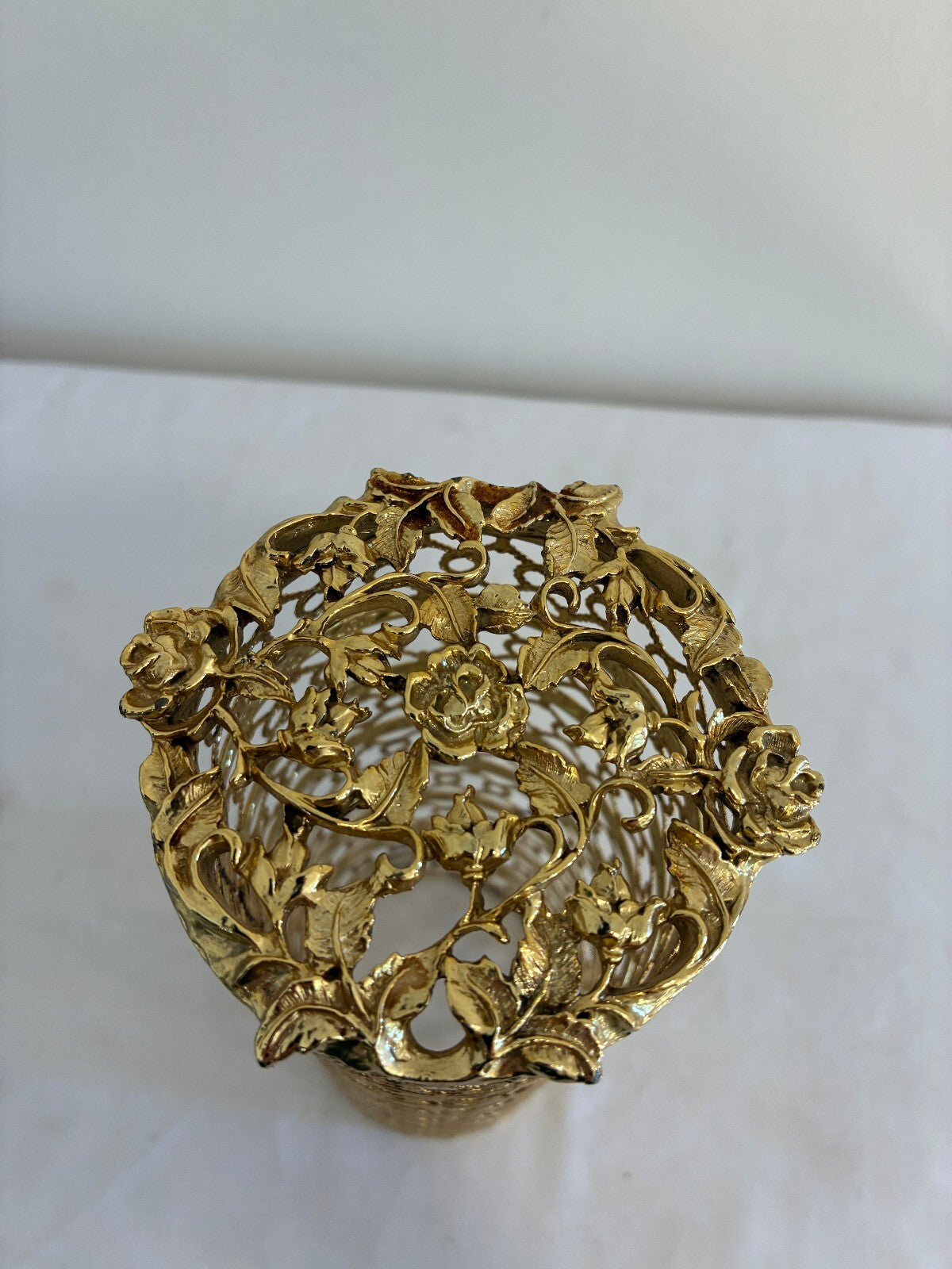 Vintage Gold Filigree Bottle Cover by Karew, Hollywood Regency Rose Filigree