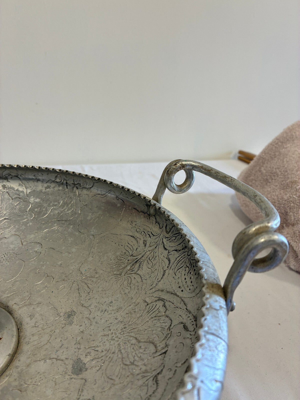 Vintage Hammered Aluminum Nutcracker Bowl,Etched Floral Handled Centerpiece Bowl