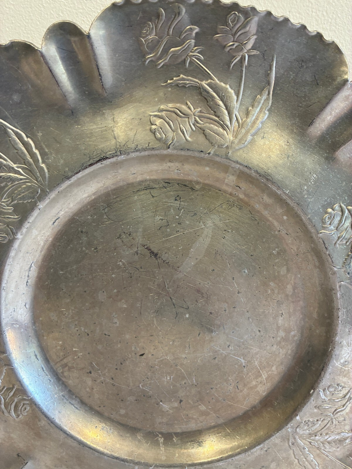 Vintage Hammered Aluminum Tray | Hand Chased Rose Design Ruffled Rim