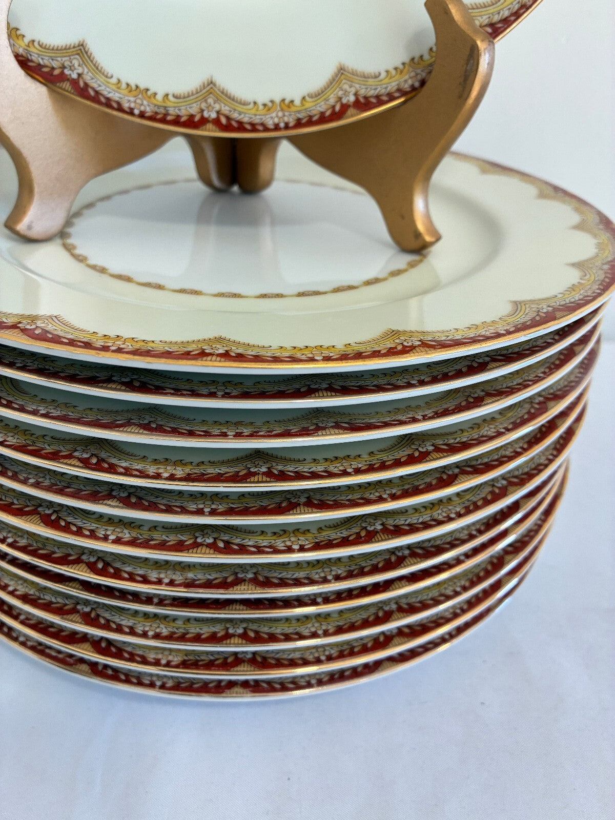 Vintage Meito Celestine Dinner Plates Set of 12, Red and Gold Border, Japan