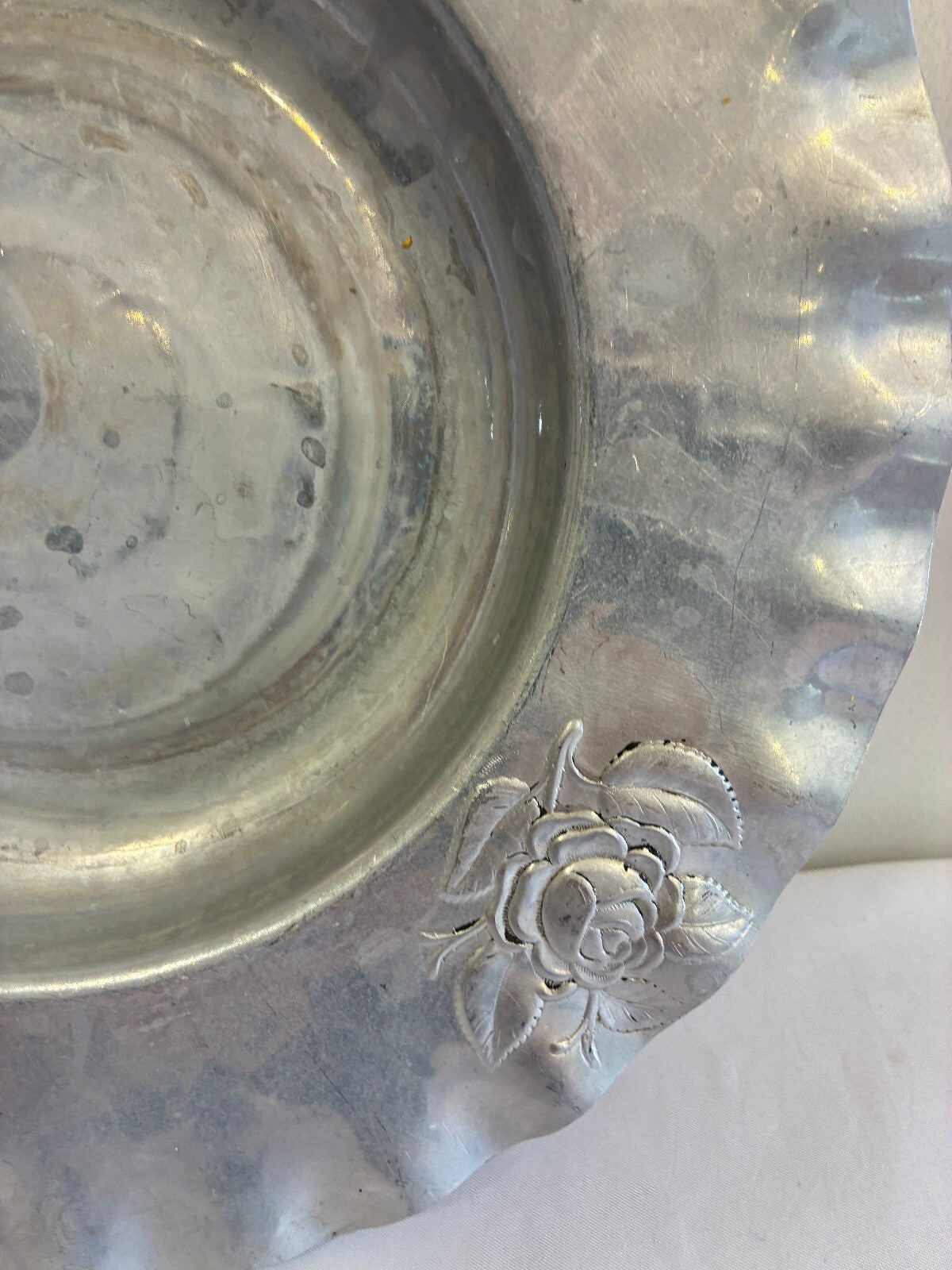 Vintage Hammered Aluminum Bowl | Hand Chased Rose Design Ruffled Rim