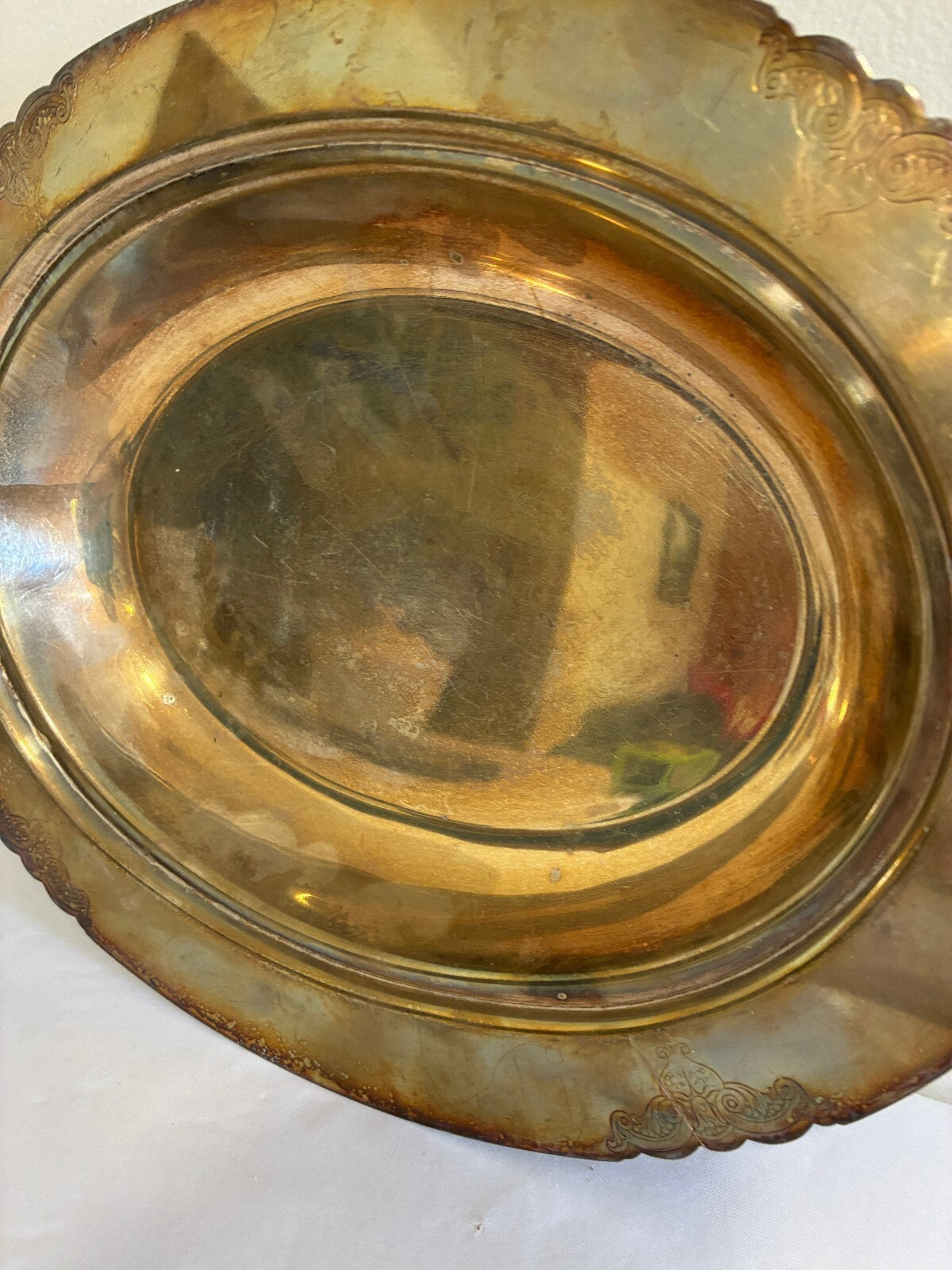 Vintage Silverplate Oval Serving Bowl Ornate Scalloped Tray