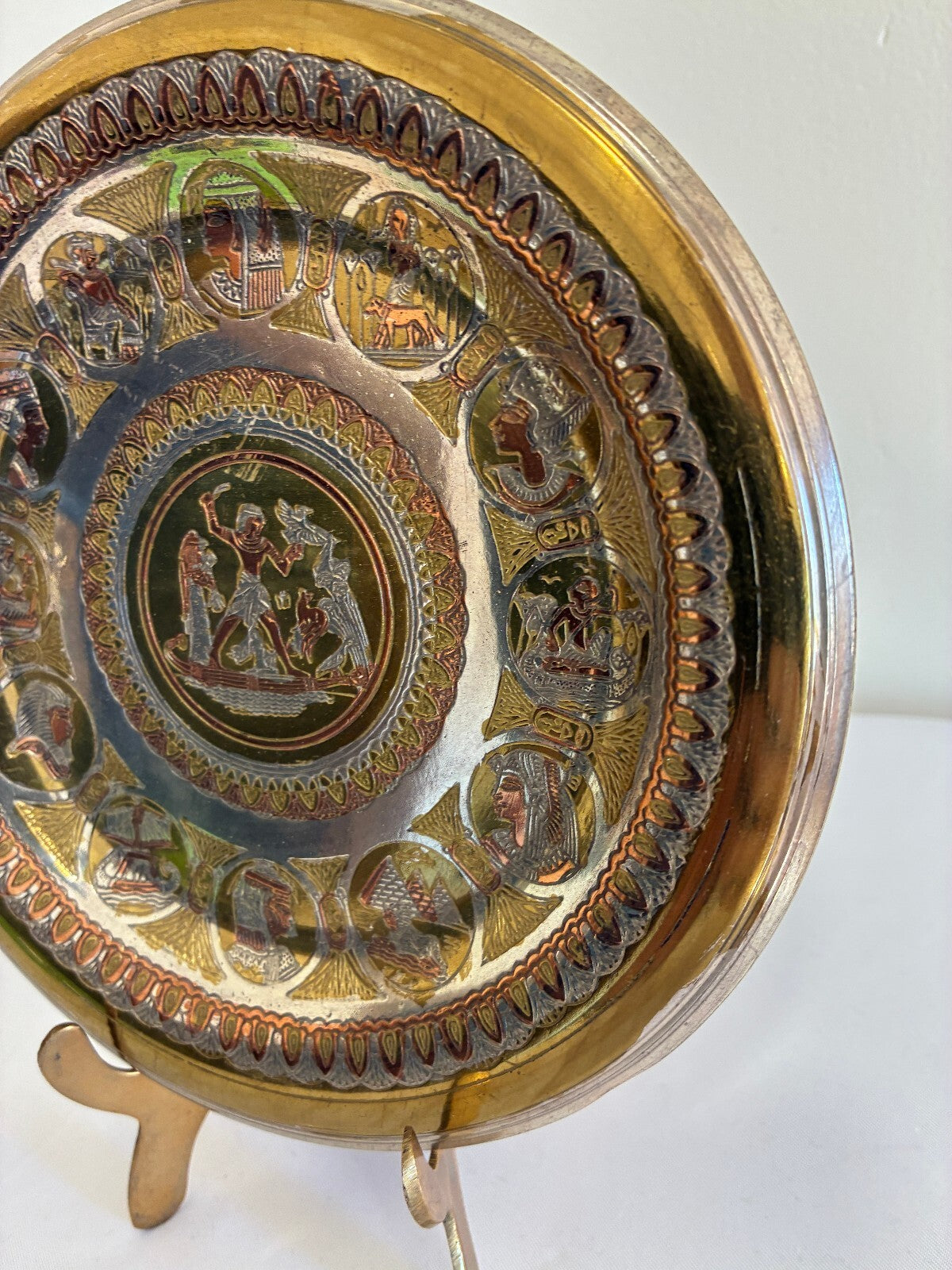 Vintage Egyptian Brass and Copper Plate | Engraved Pharaoh & Pyramids Wall Plate