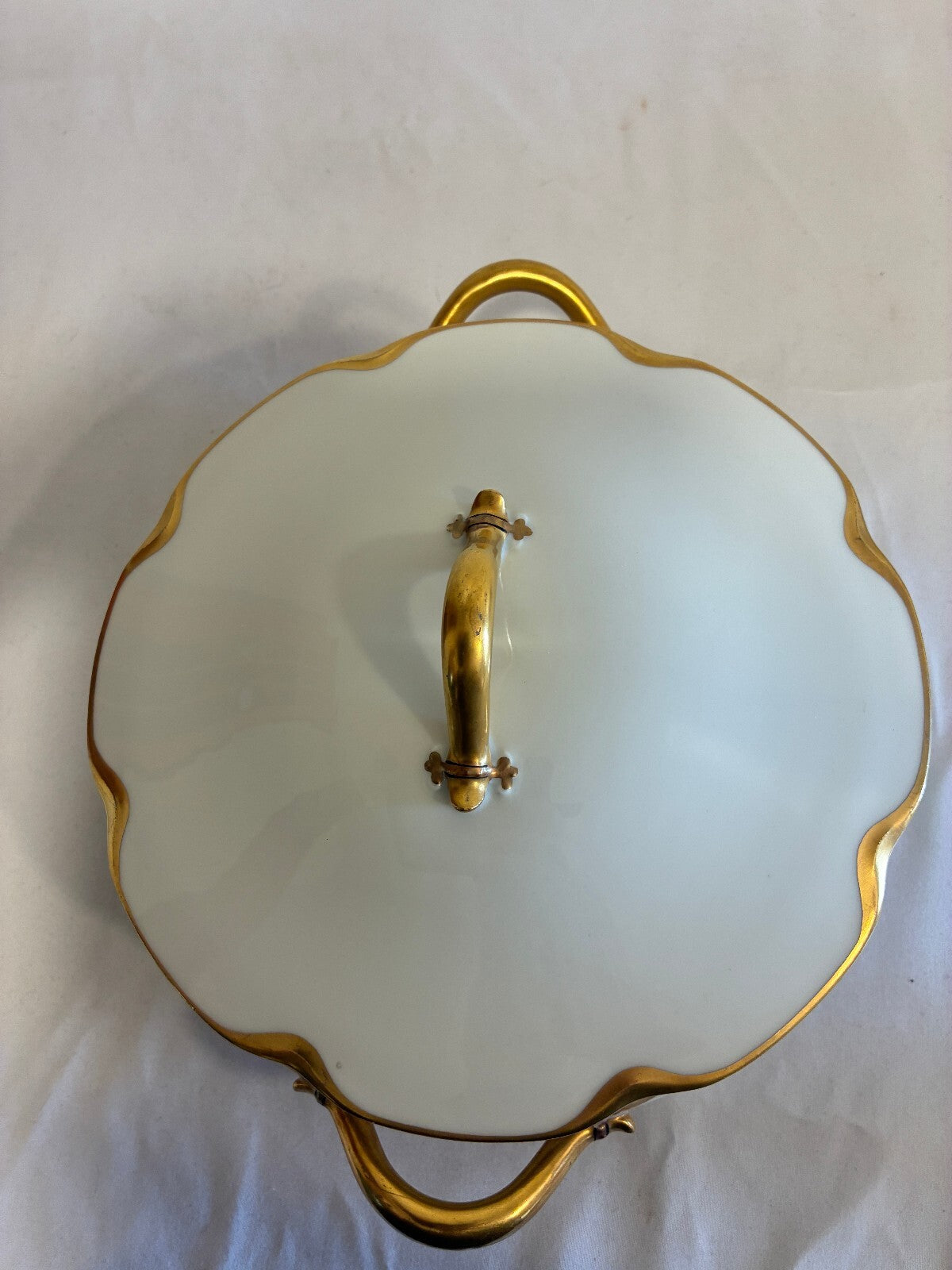 Antique Haviland Limoges Covered Tureen, White & Gold Handled Serving Dish