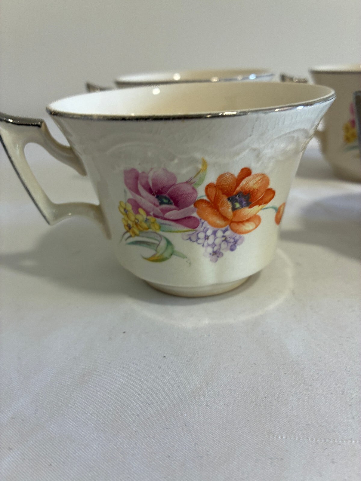 Vintage Ivory China Teacups with Platinum Trim, Set of 6 | Poppy Floral Pattern