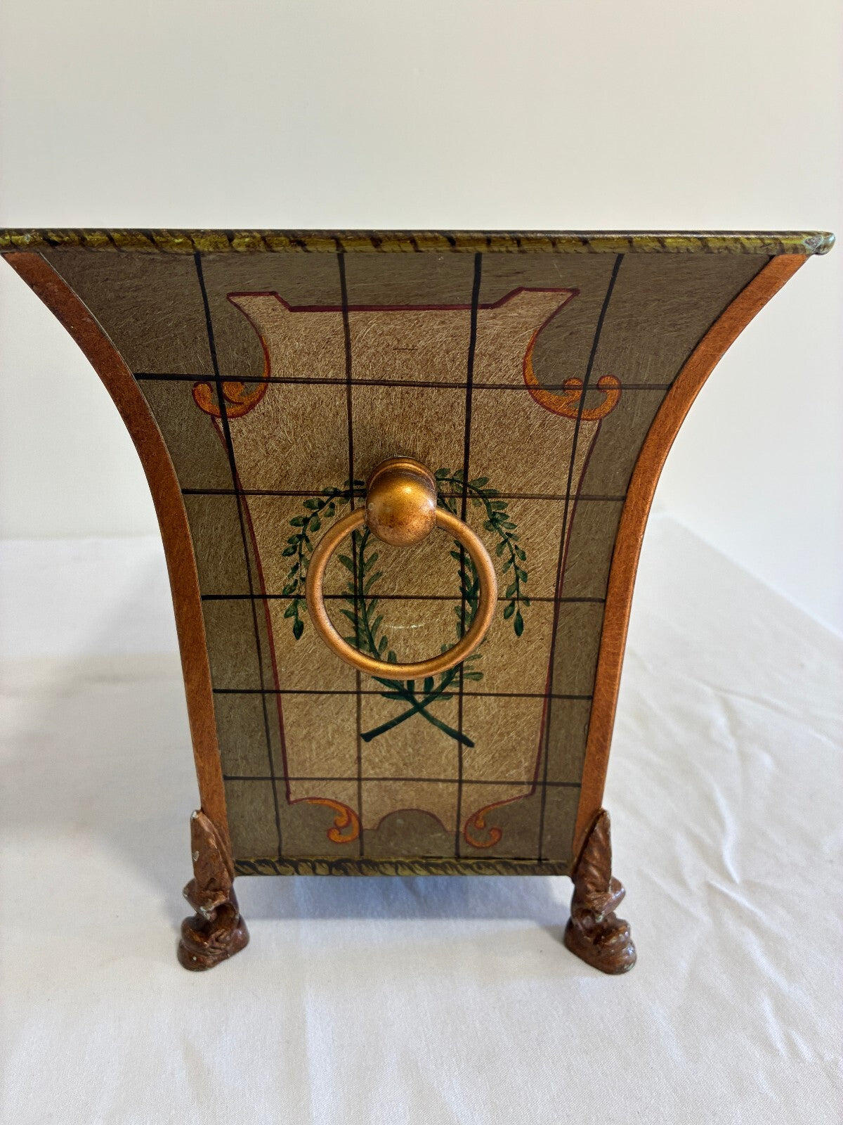 Vintage Hand Painted Tole Cachepot Planter, Footed Metal with Ring Handles