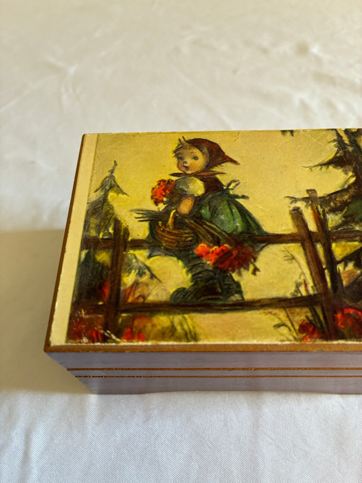 Vintage Reuge Swiss Music Box | Hummel Style Girl Print Wooden Trinket Box