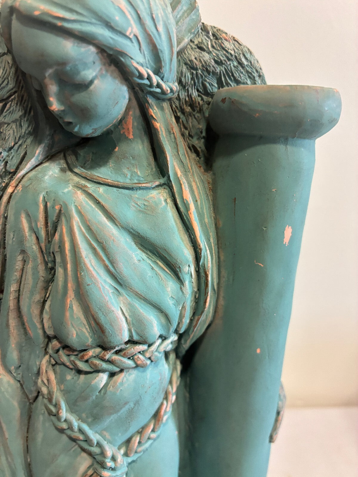 Vintage Terracotta Angel Candle Holder, Verdigris Patina Winged Figure Sculpture