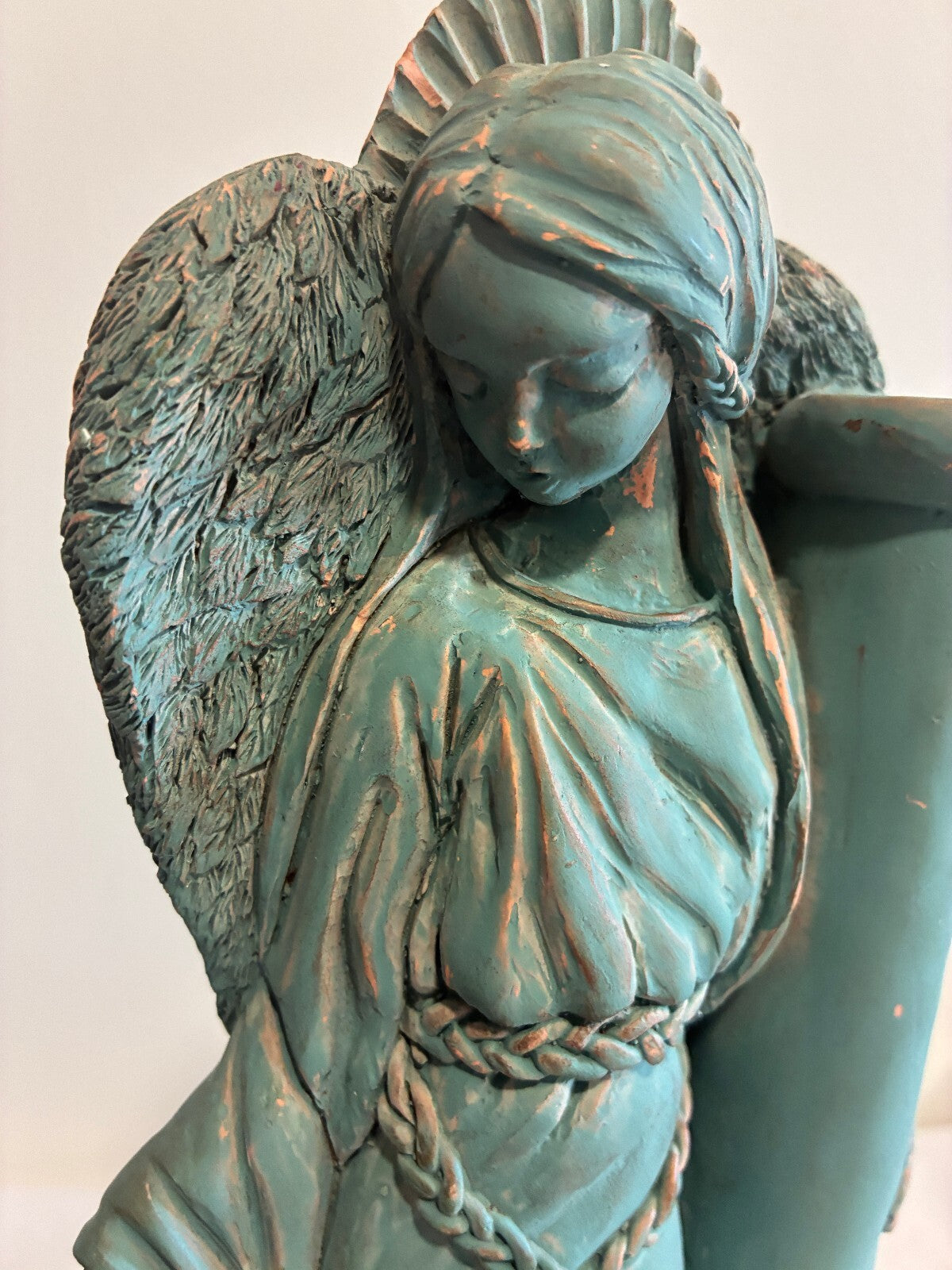 Vintage Terracotta Angel Candle Holder, Verdigris Patina Winged Figure Sculpture