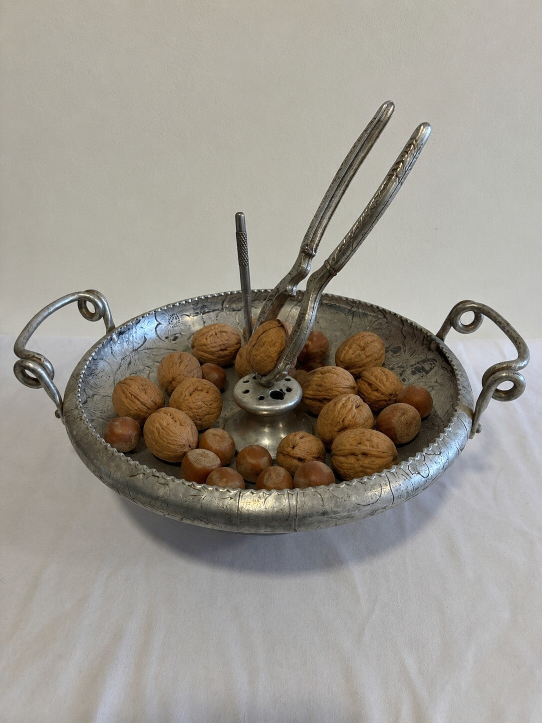 Vintage Hammered Aluminum Nutcracker Bowl,Etched Floral Handled Centerpiece Bowl