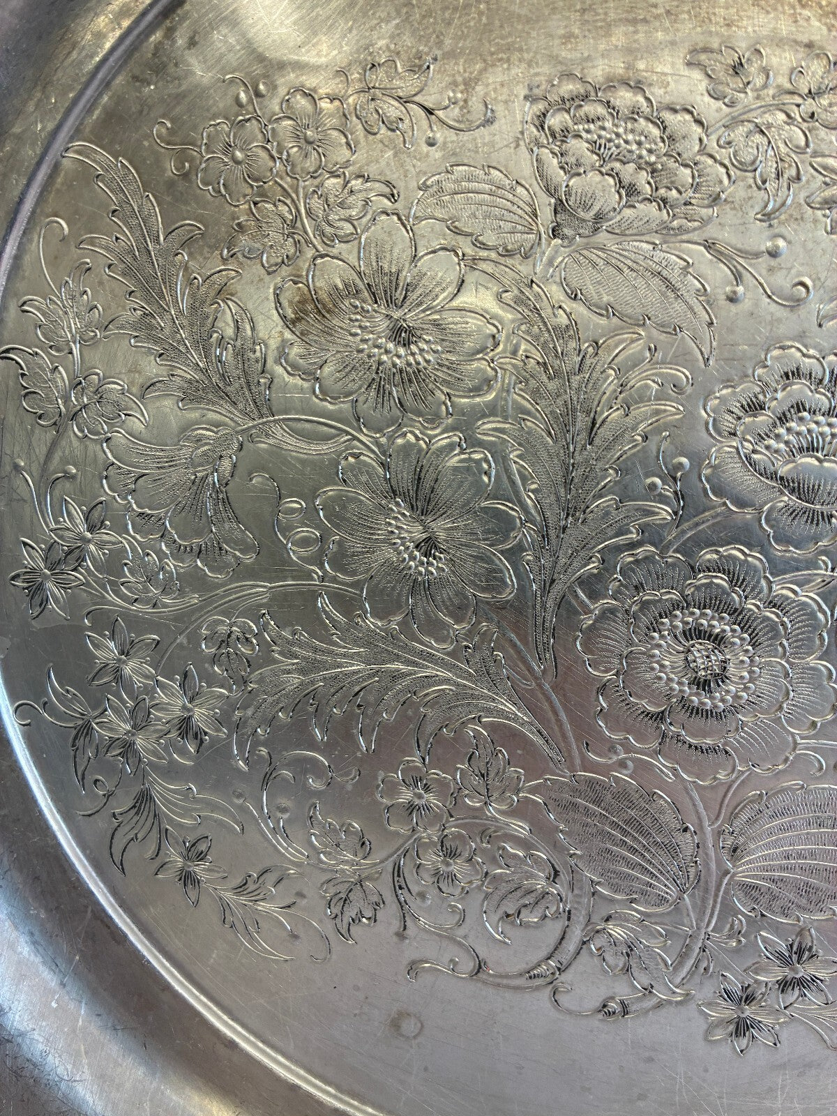 Vintage Federal Silver Co Aluminum 13.1" Round Floral Engraved Serving Tray