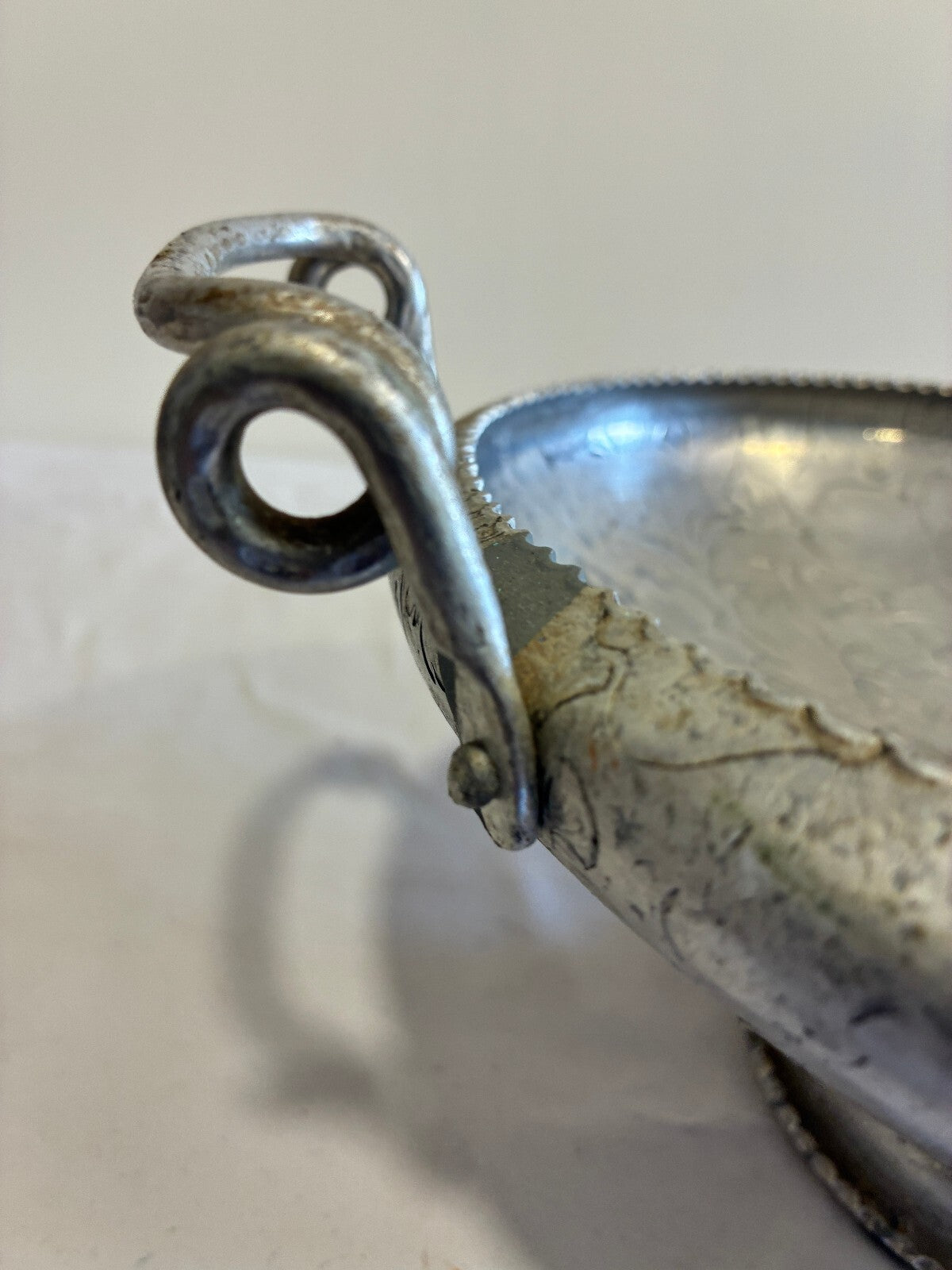 Vintage Hammered Aluminum Nutcracker Bowl,Etched Floral Handled Centerpiece Bowl