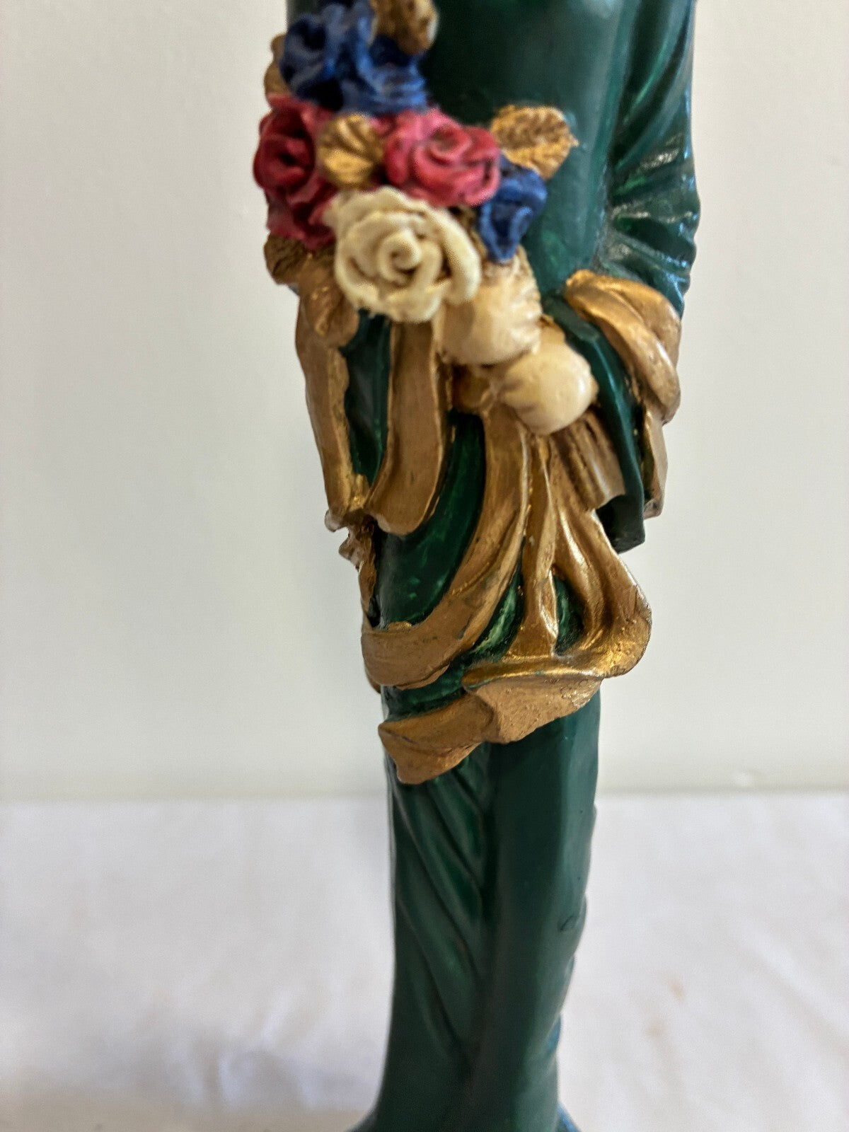 Vintage Carved Angel Figurine with Gold Wings, Painted Statue with Flowers