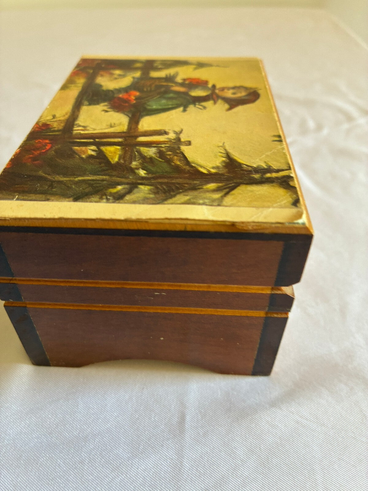 Vintage Reuge Swiss Music Box | Hummel Style Girl Print Wooden Trinket Box