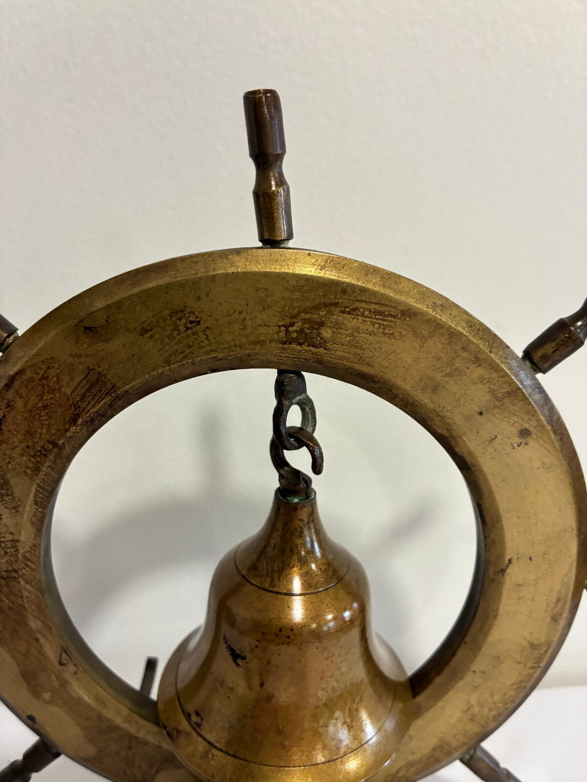 Vintage Brass Ship Wheel Bell on Stand, Nautical Desk or Counter Bell, India