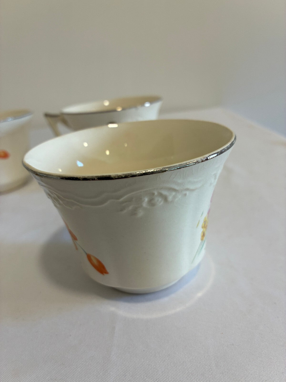 Vintage Ivory China Teacups with Platinum Trim, Set of 6 | Poppy Floral Pattern