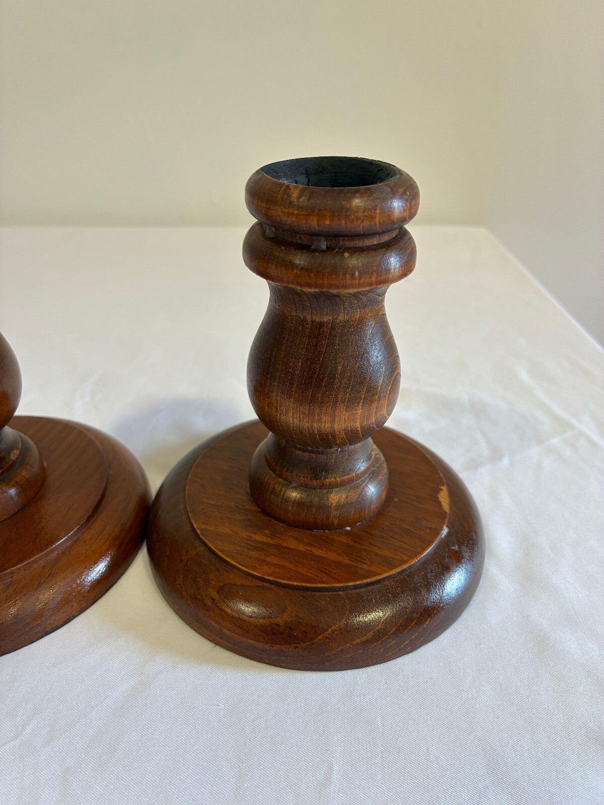 Vintage Turned Wood Candlestick Holders Pair | Round Base Wooden Candleholders