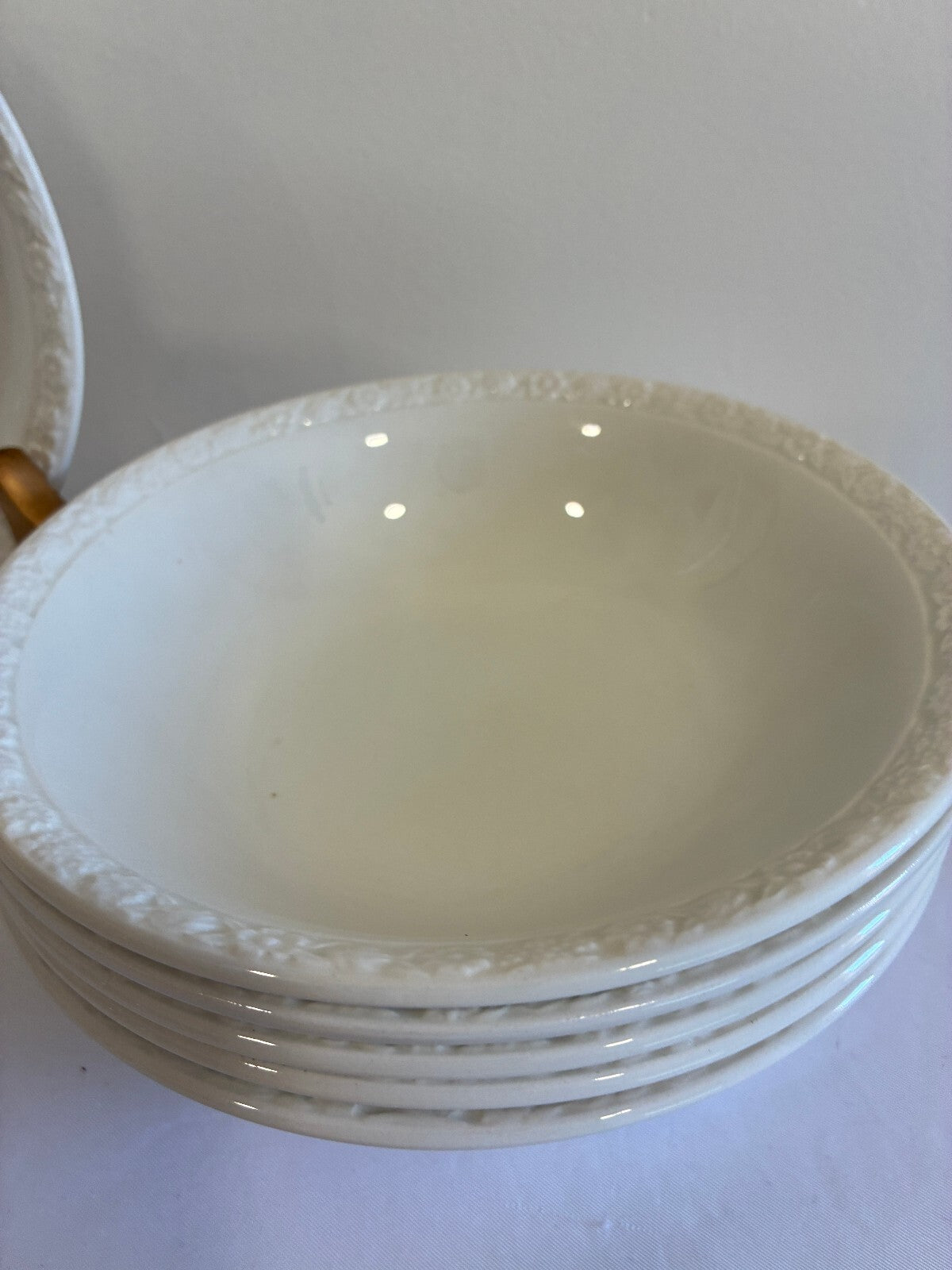 Vintage Wedgwood White Bowls Set of 6, Embossed Rim Dessert or Cereal Bowls